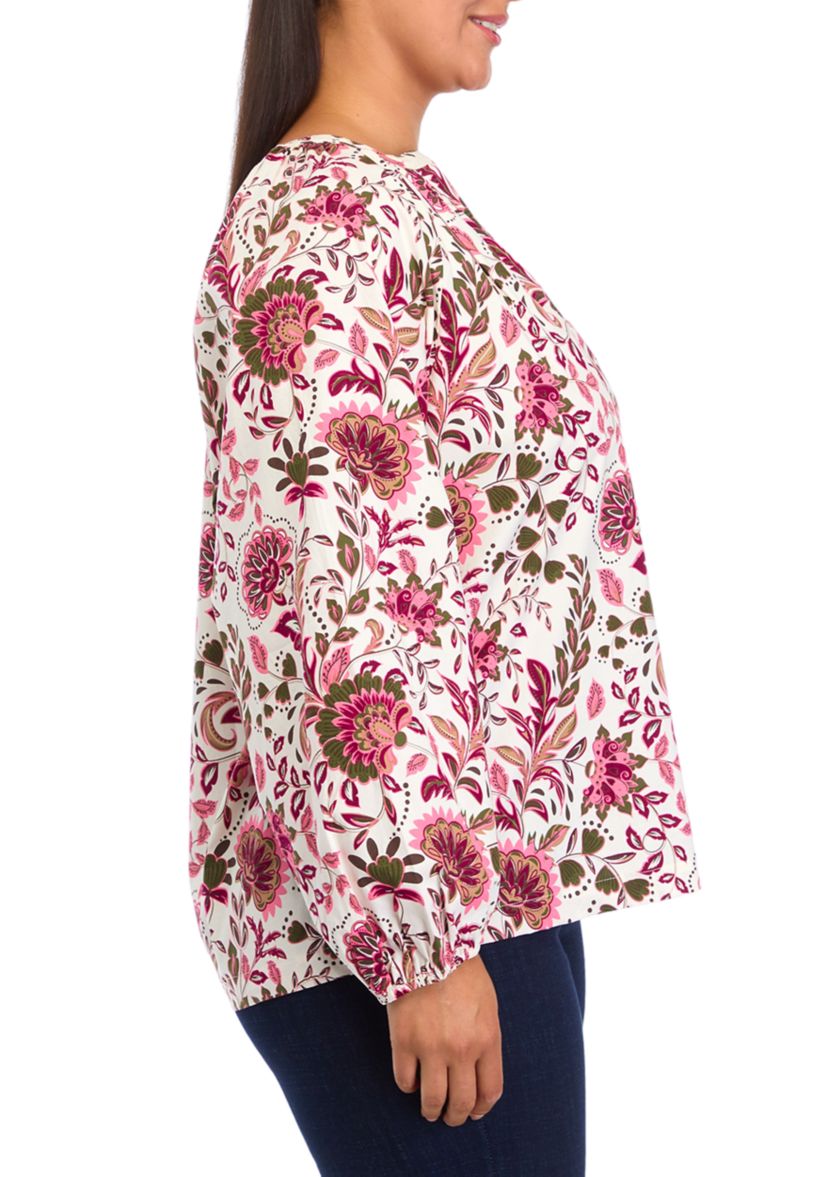 Plus Size Long Sleeve Printed Peasant Top 
