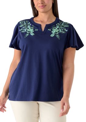Kim Rogers Women's Plus Size Embroidered Split Neck Top, Navy Blue, 2X