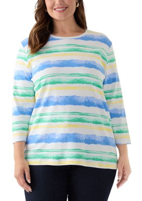 Kim Rogers Women's Plus Size Three-Quarter Sleeve Crew Neck Striped Top