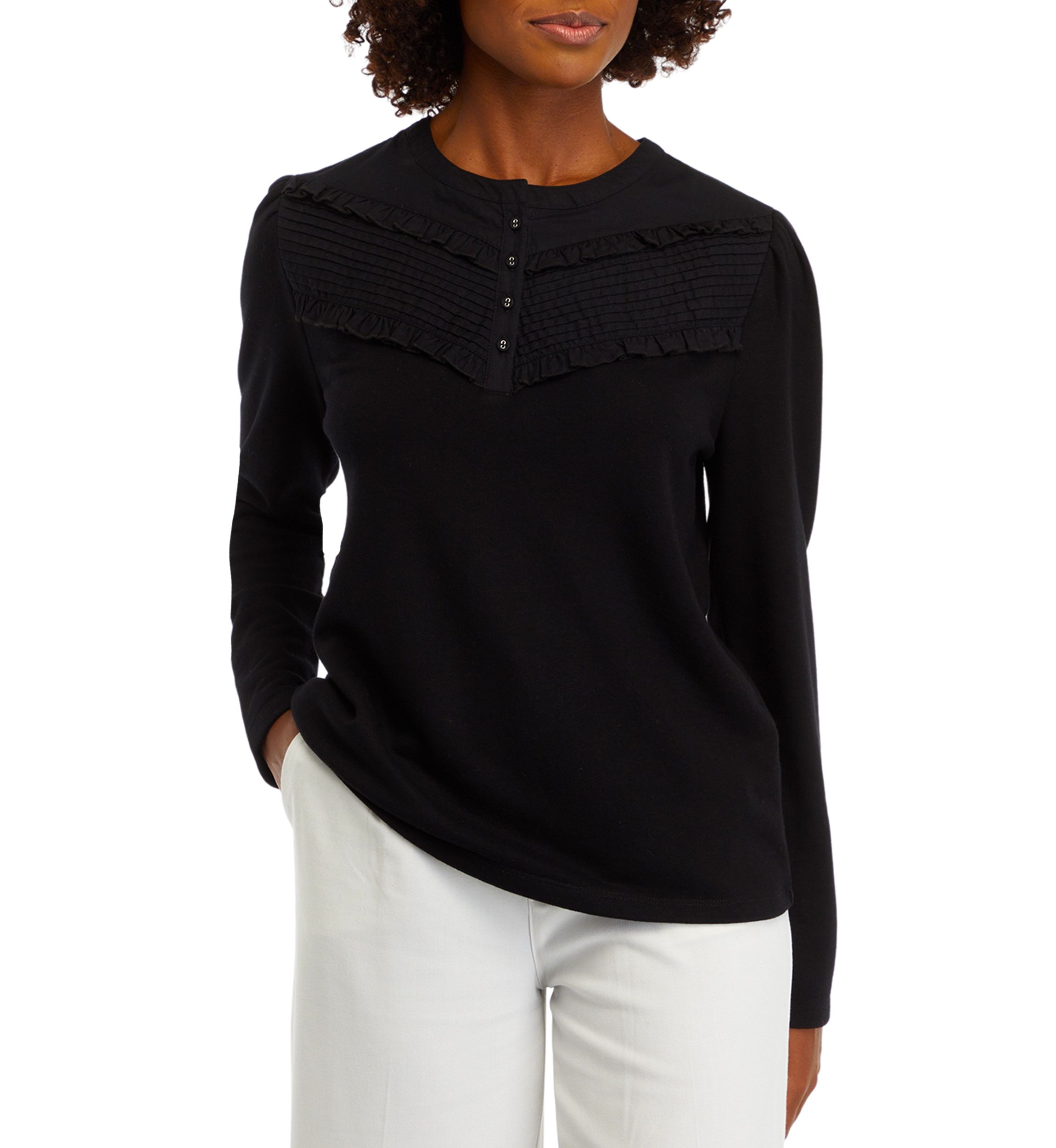 Womens Solid Ruffle Yoke Top