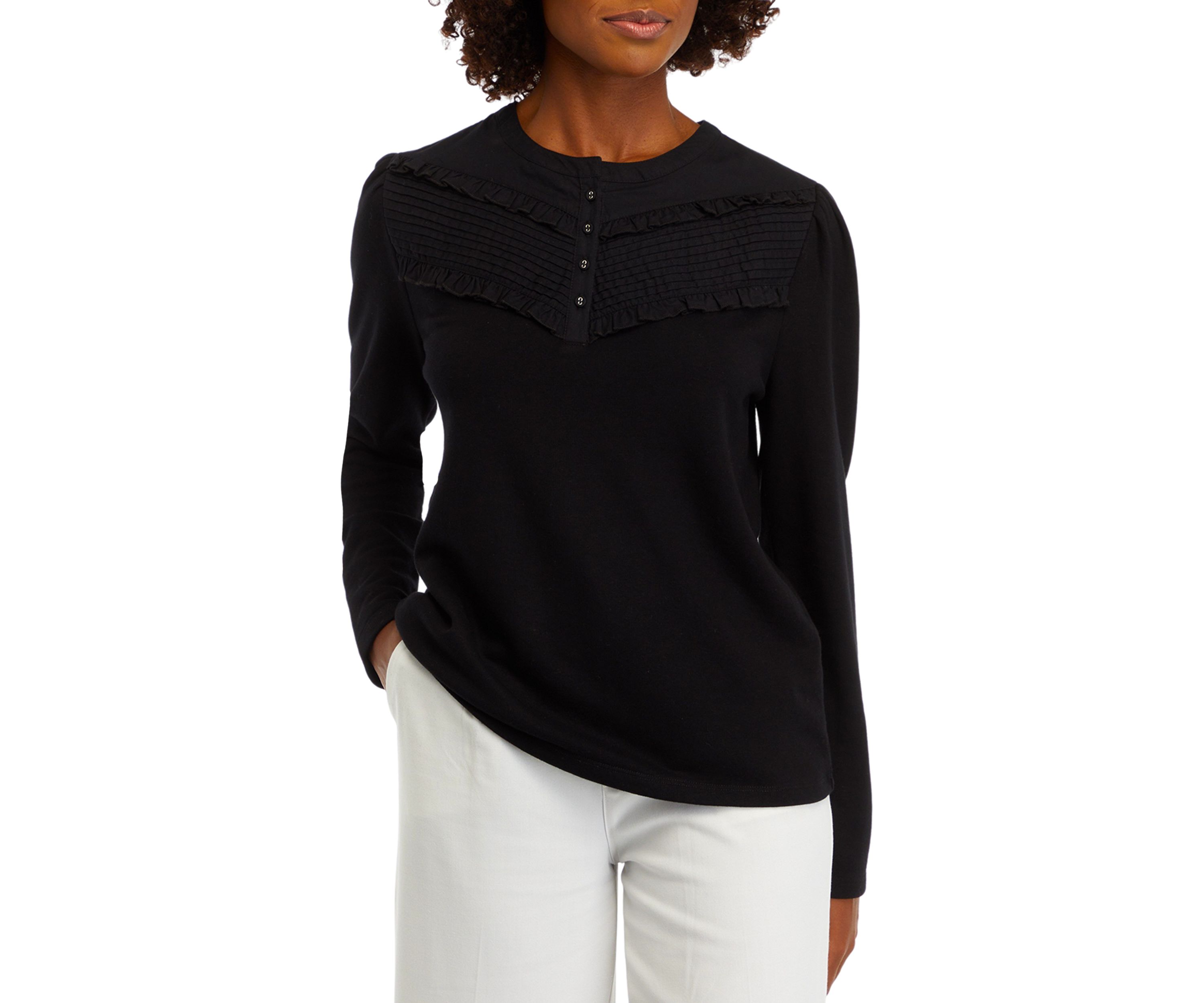 Womens Solid Ruffle Yoke Top