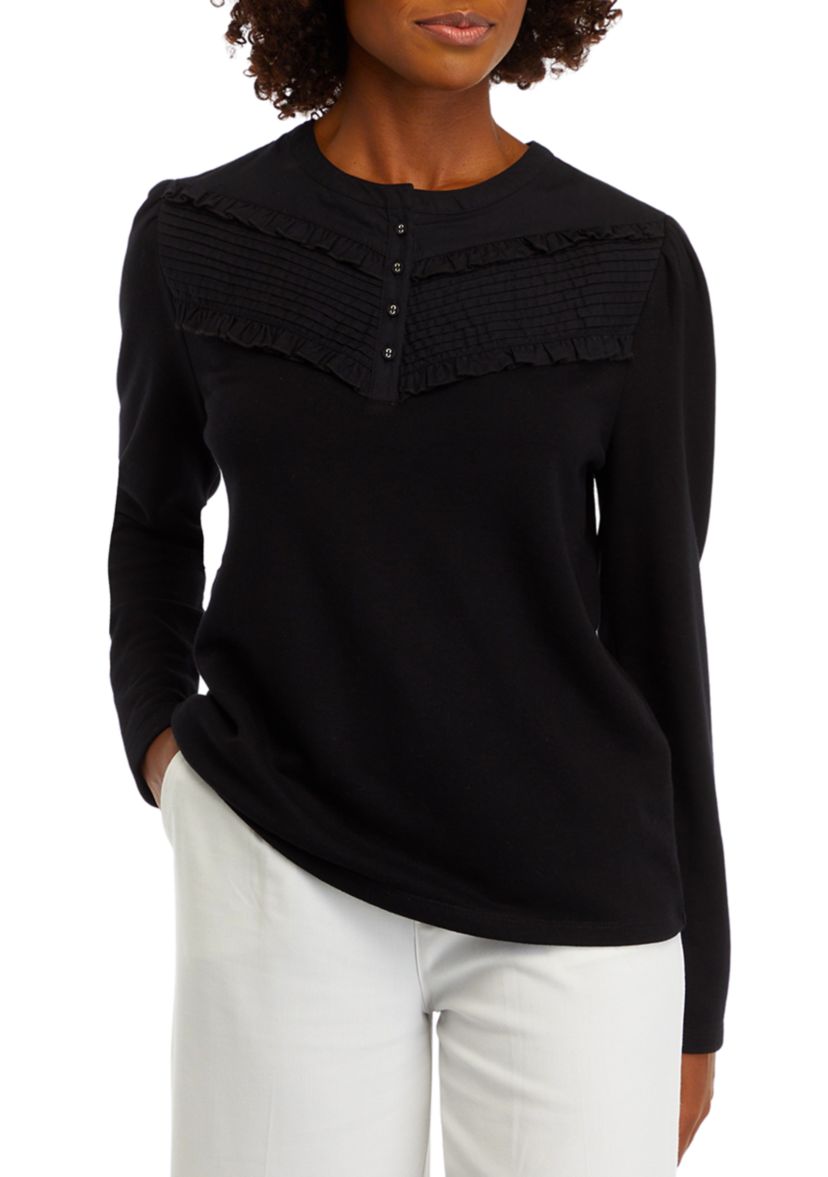 Womens Solid Ruffle Yoke Top