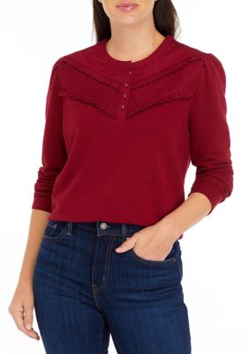 Crown & Ivy Women's Solid Ruffle Yoke Top, XS