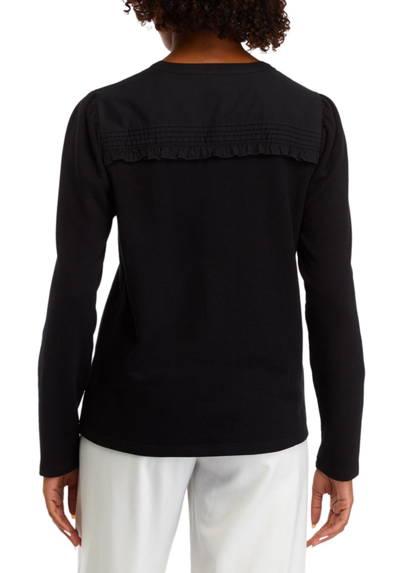 Womens Solid Ruffle Yoke Top
