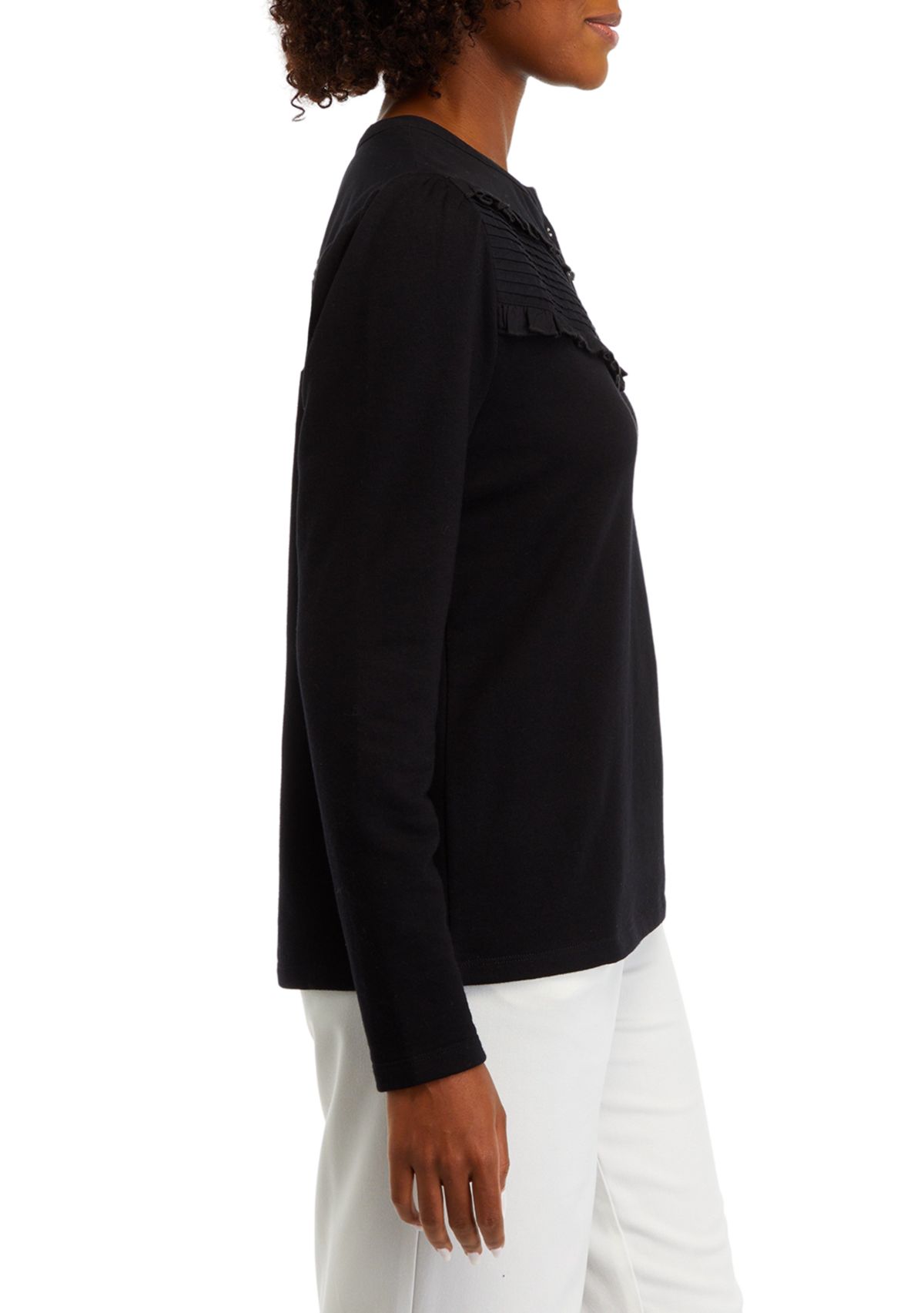 Womens Solid Ruffle Yoke Top