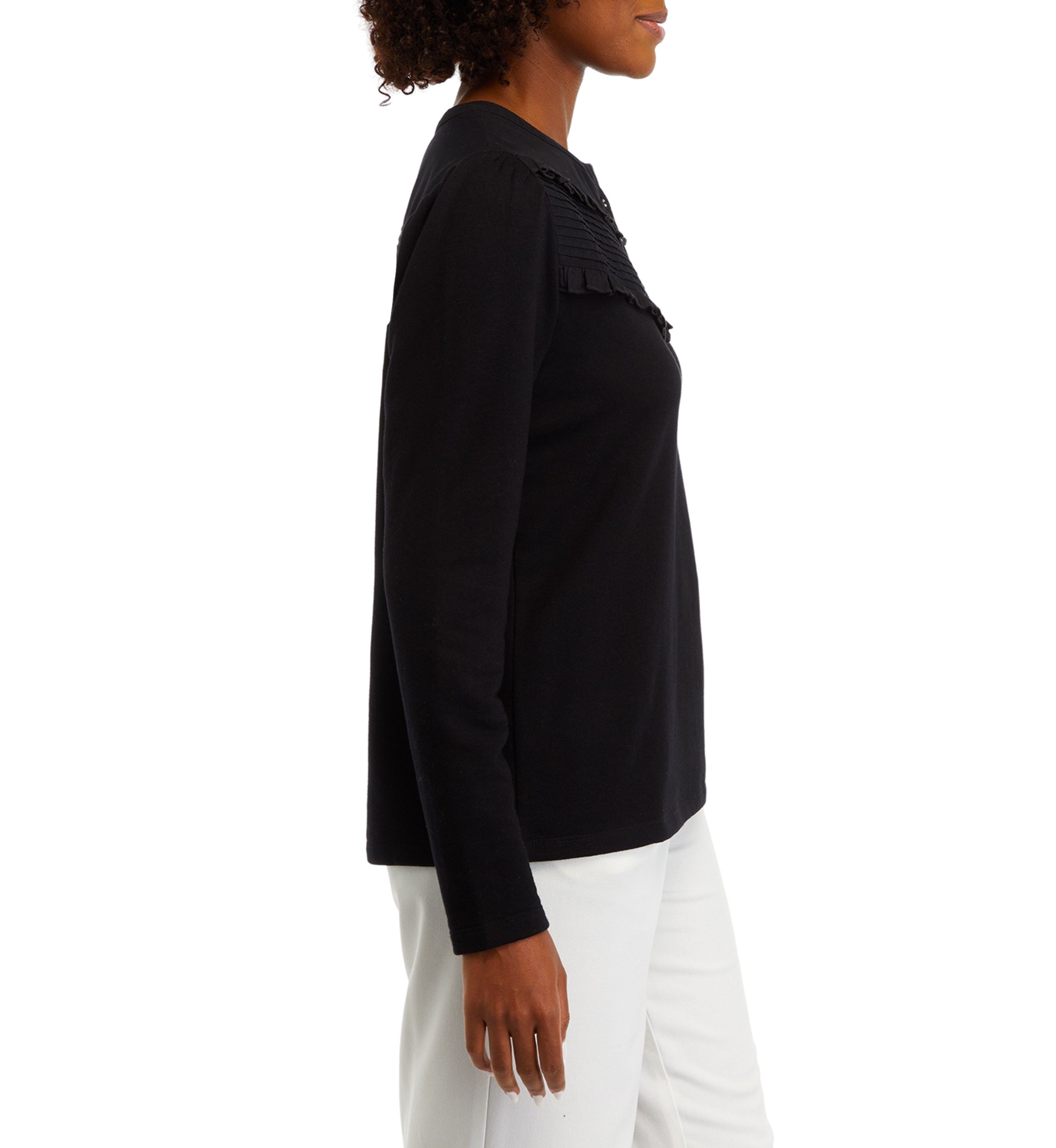 Womens Solid Ruffle Yoke Top
