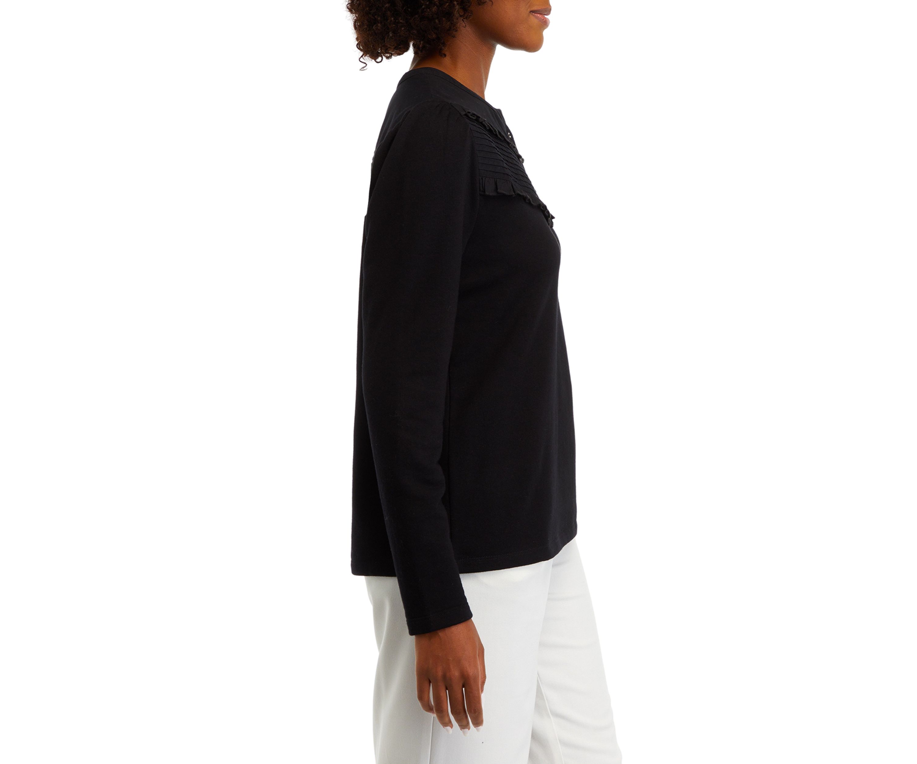 Womens Solid Ruffle Yoke Top