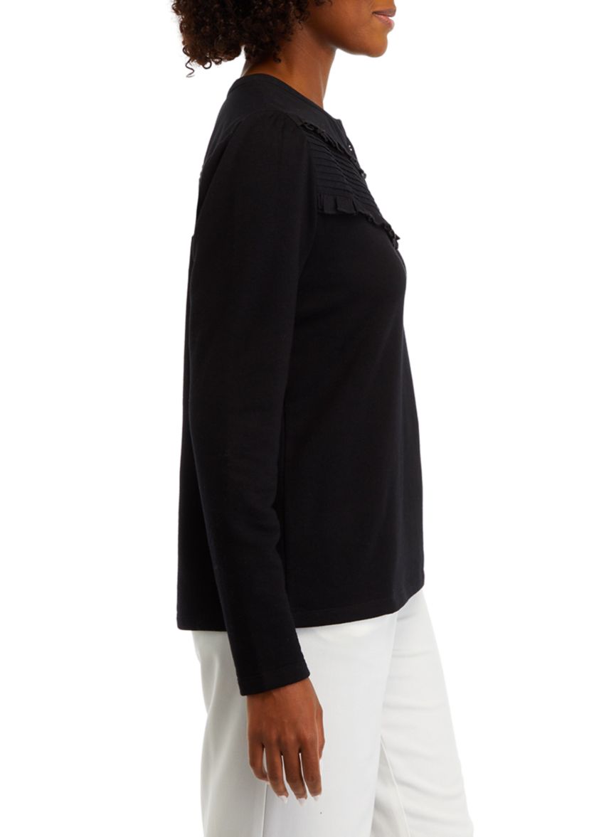 Womens Solid Ruffle Yoke Top