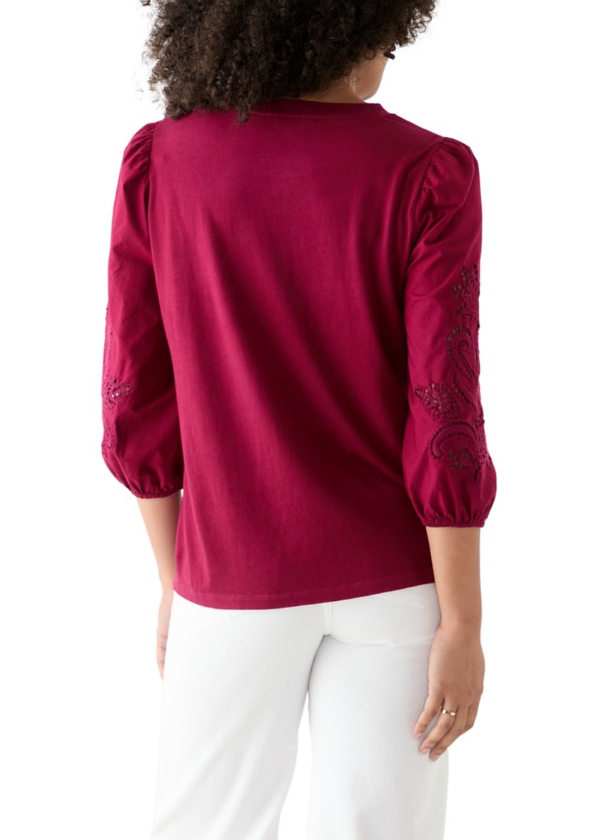 Womens 3/4 Embroidered Sleeve T-Shirt