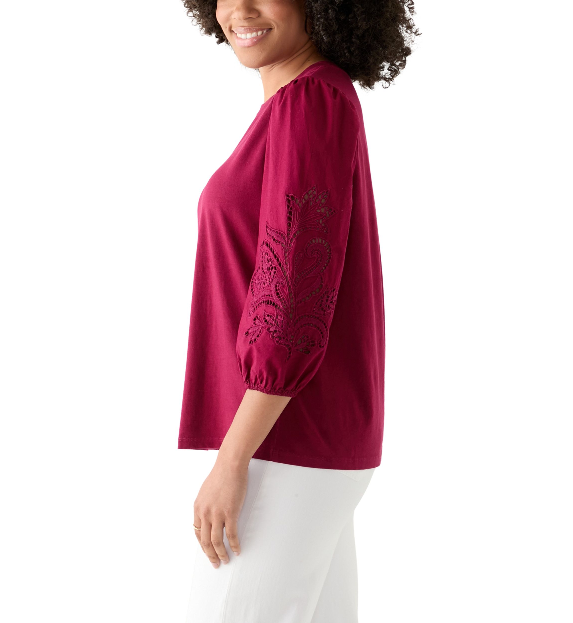 Womens 3/4 Embroidered Sleeve T-Shirt