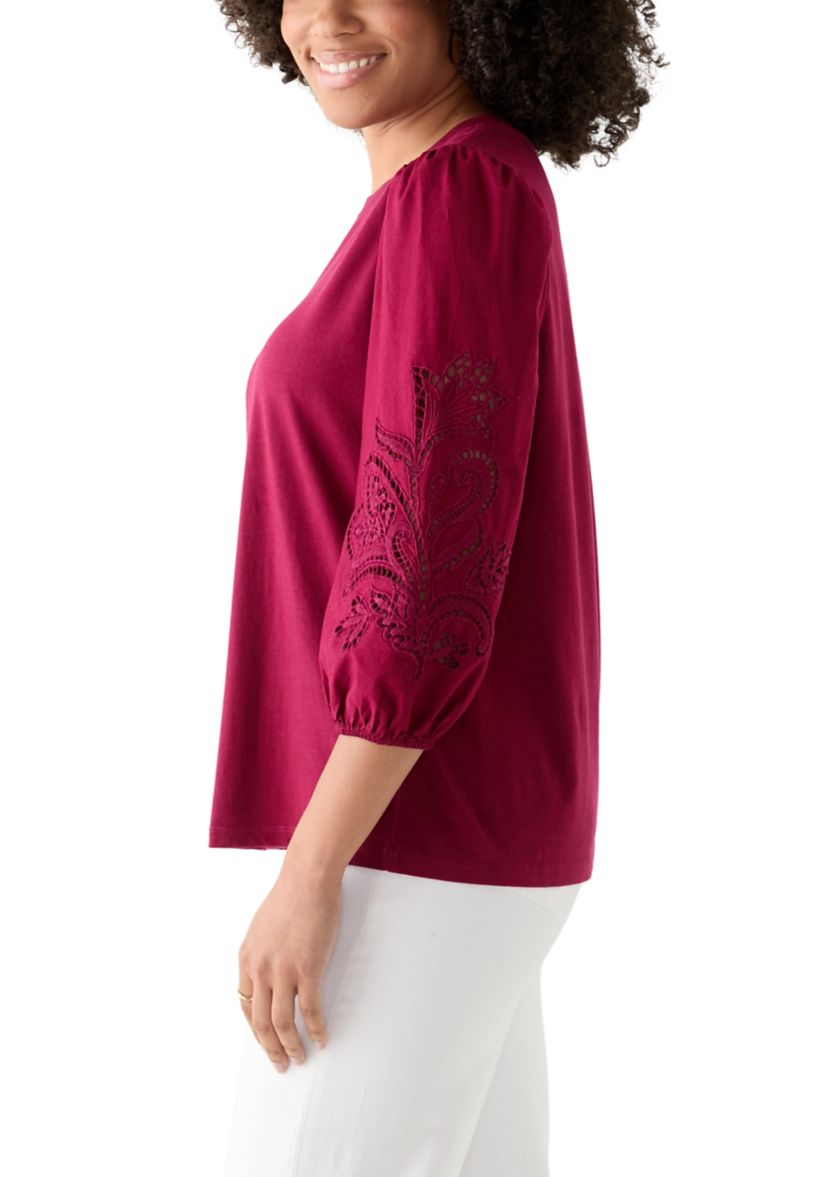 Womens 3/4 Embroidered Sleeve T-Shirt
