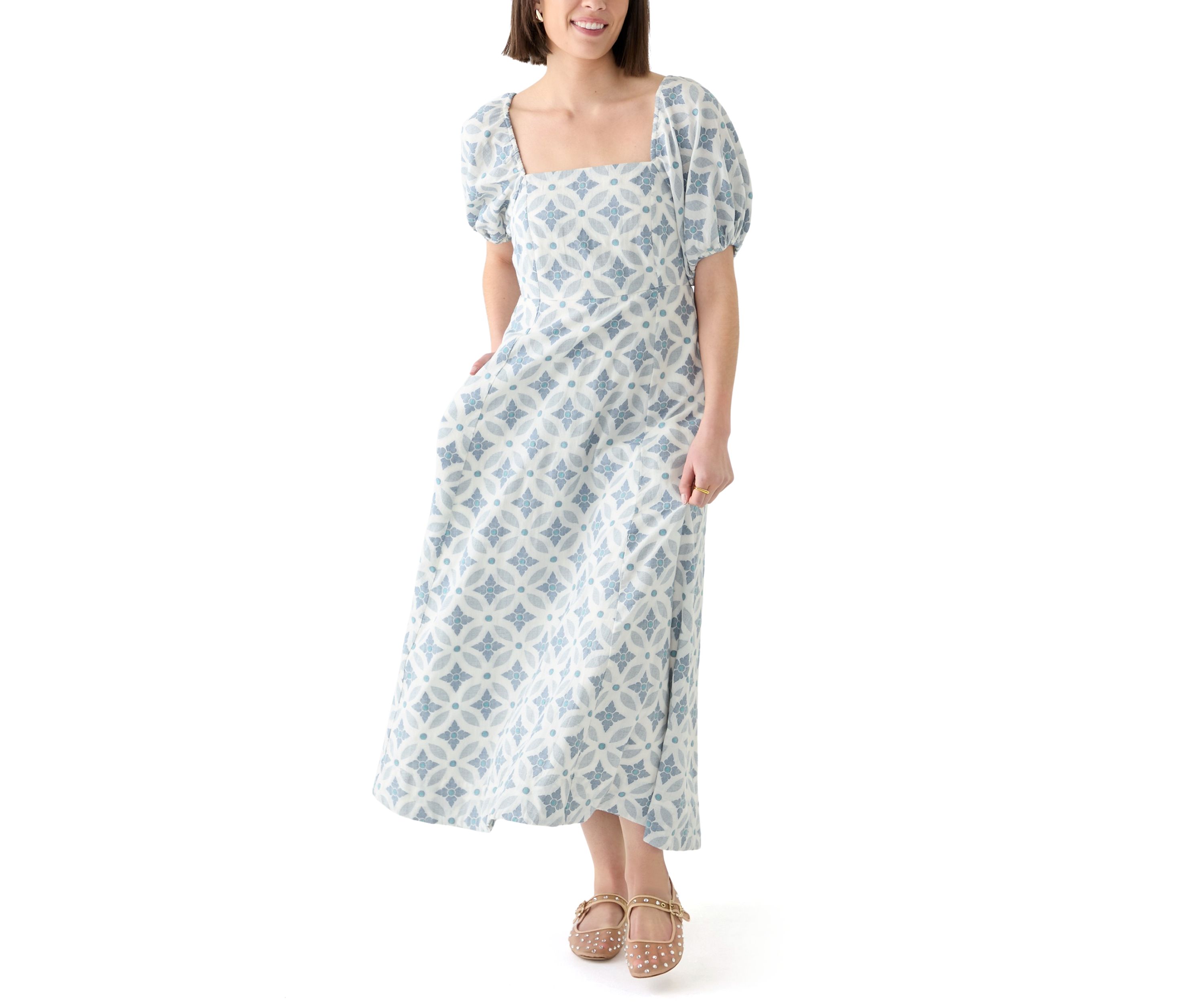 Womens Short Sleeve Printed Square Neck Maxi Dress