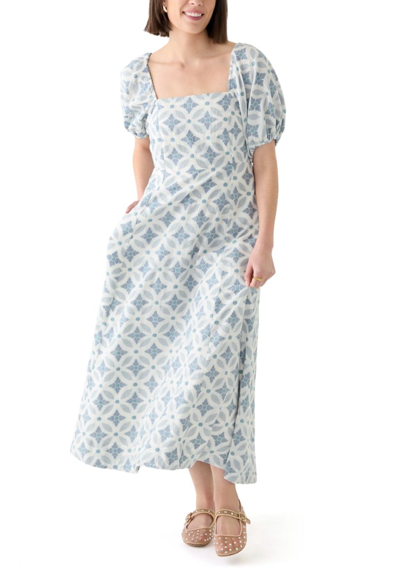Womens Short Sleeve Printed Square Neck Maxi Dress