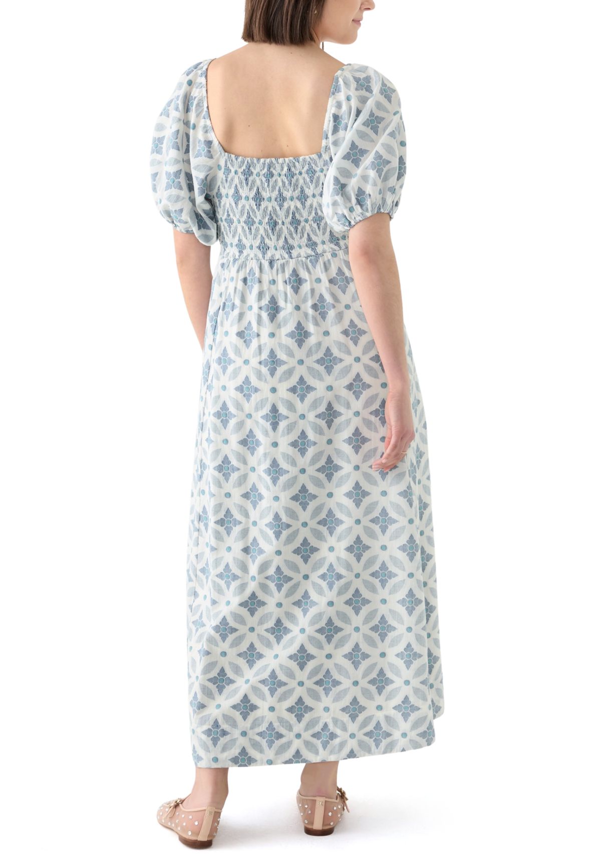 Womens Short Sleeve Printed Square Neck Maxi Dress