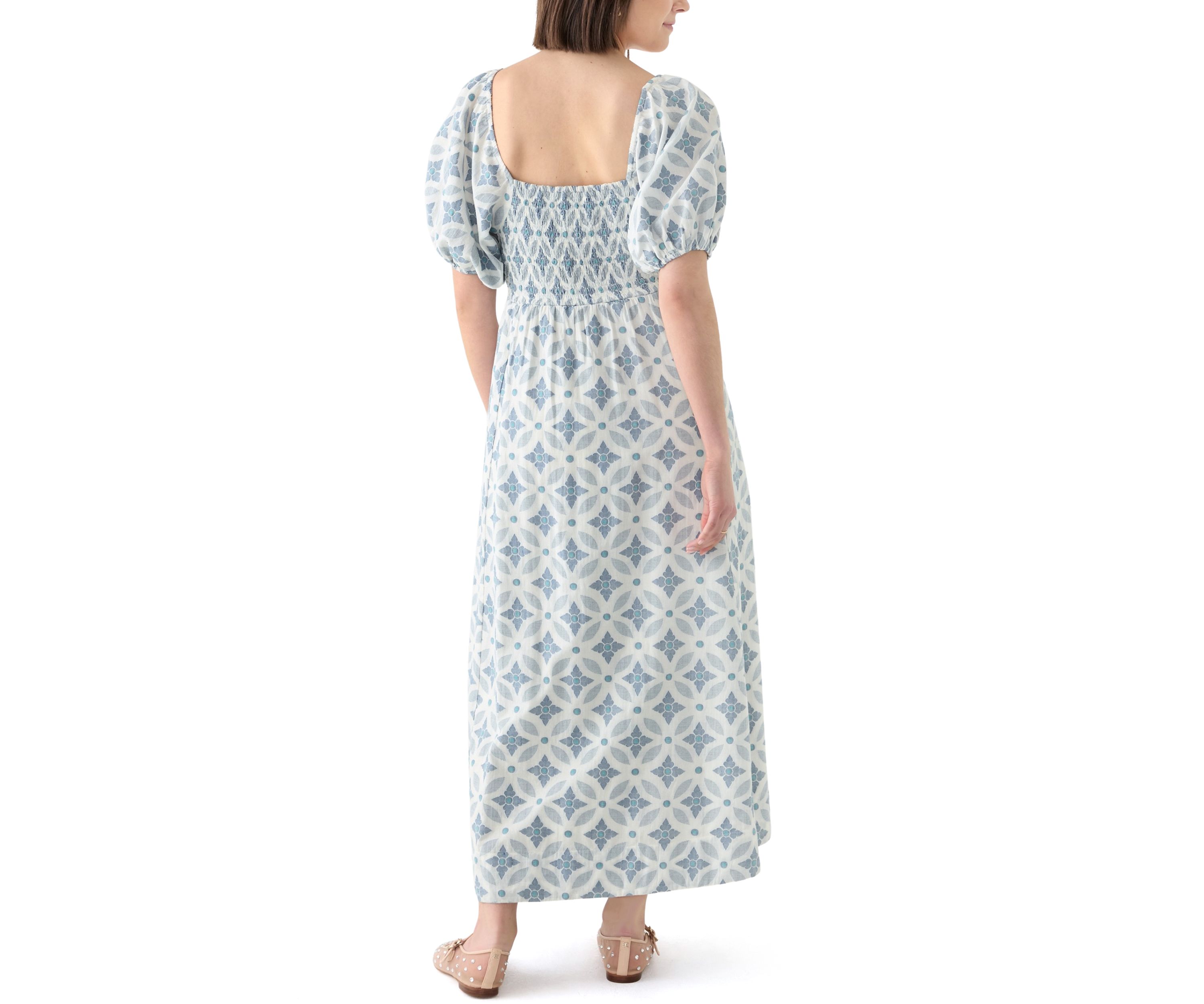 Womens Short Sleeve Printed Square Neck Maxi Dress