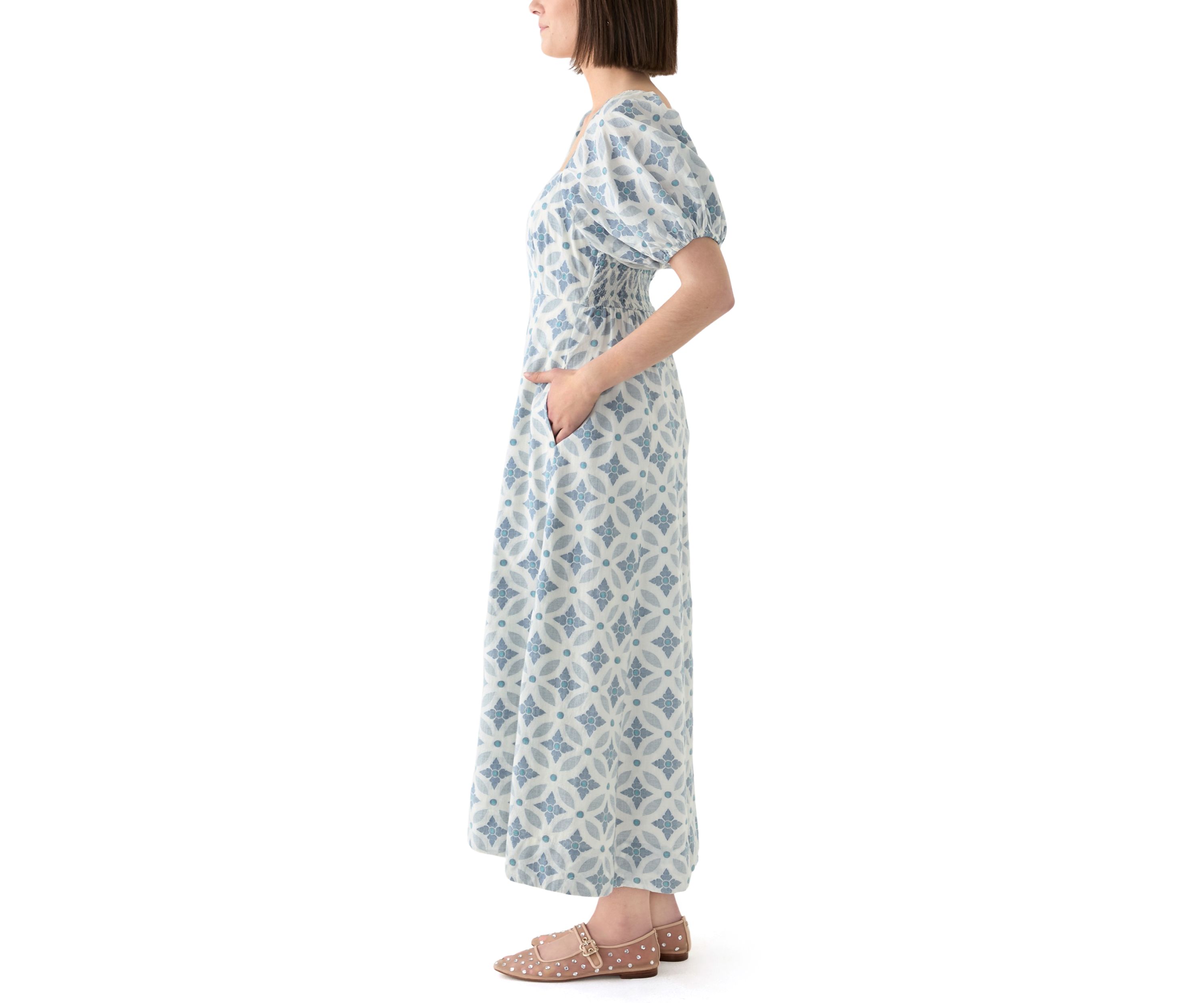Womens Short Sleeve Printed Square Neck Maxi Dress