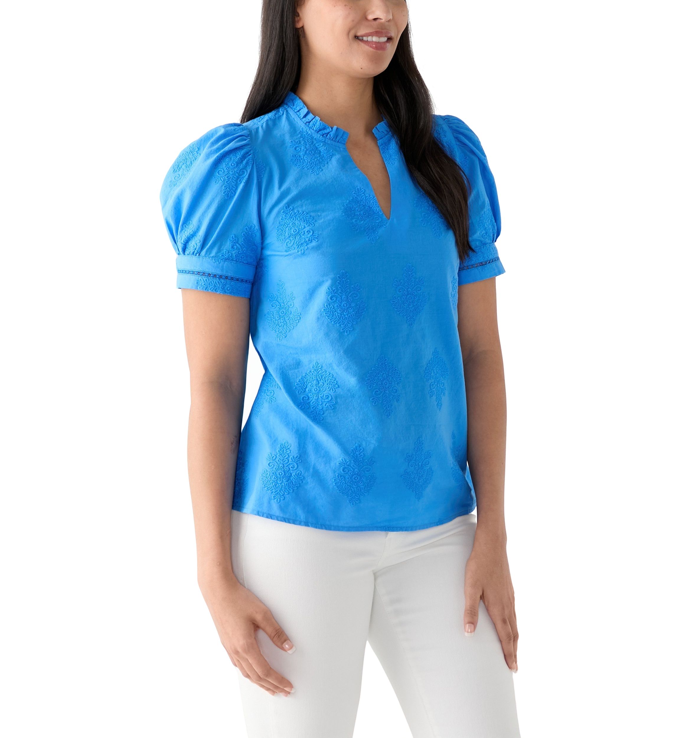 Womens Short Sleeve Embroidered Woven Top