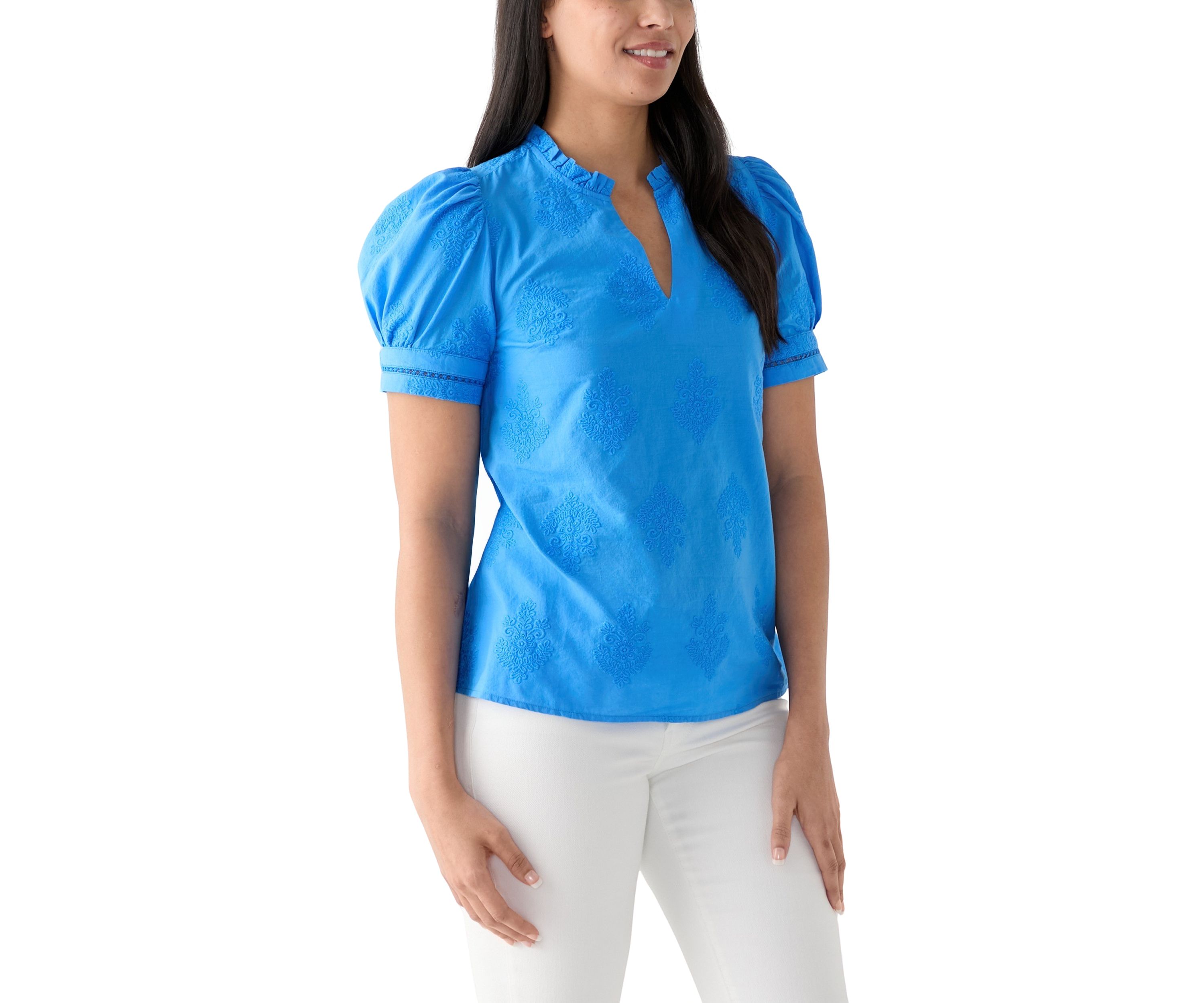 Womens Short Sleeve Embroidered Woven Top