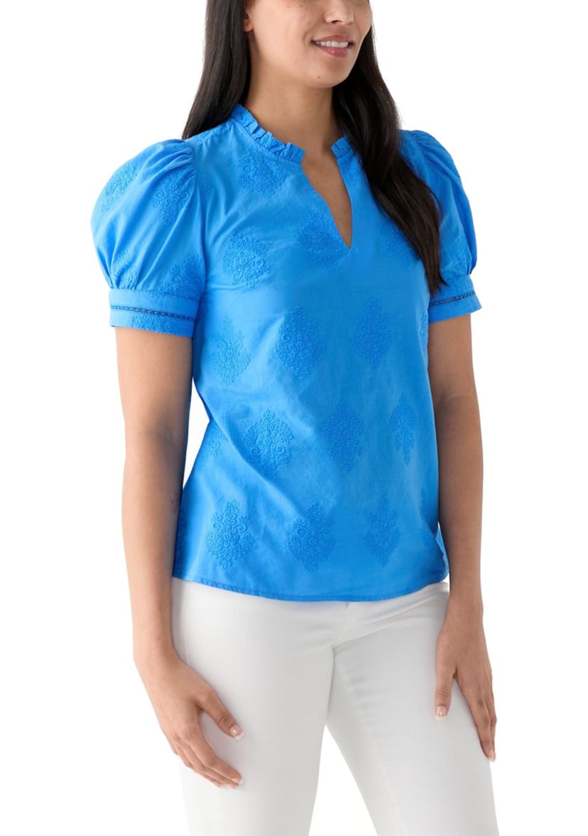 Womens Short Sleeve Embroidered Woven Top