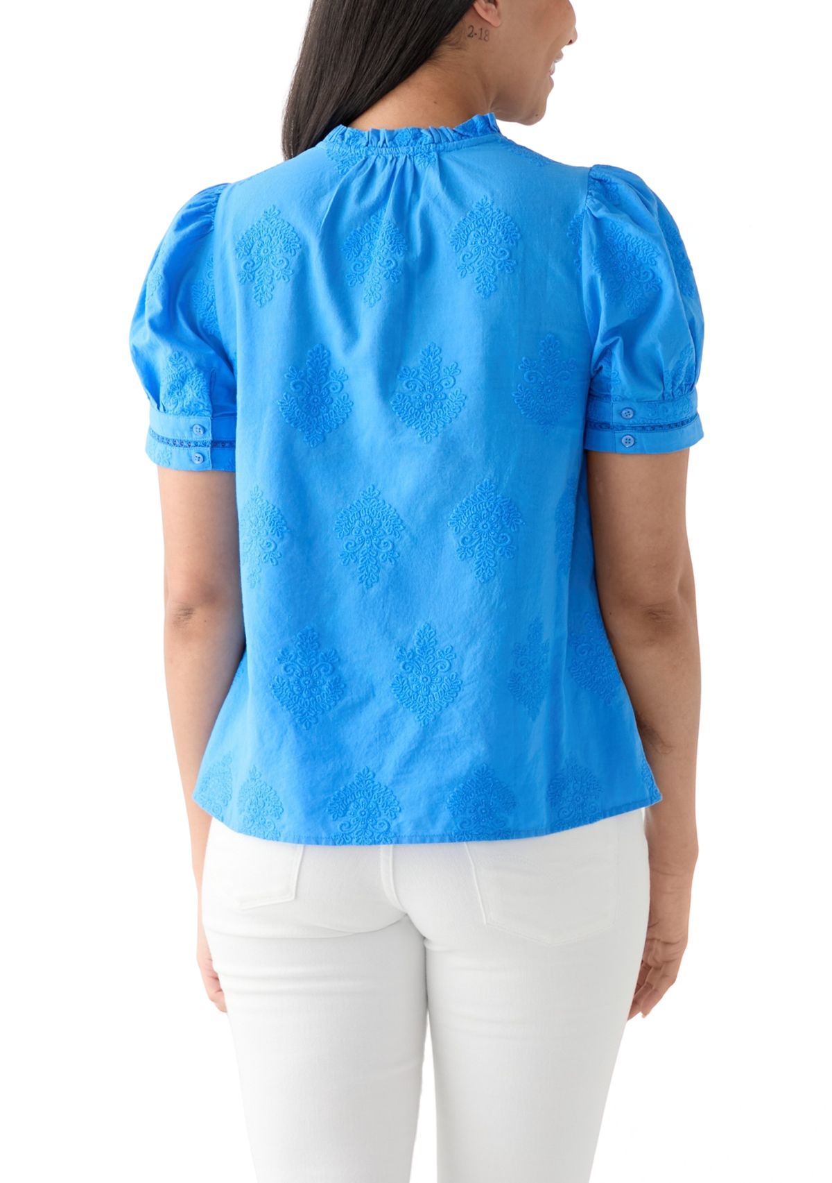 Womens Short Sleeve Embroidered Woven Top