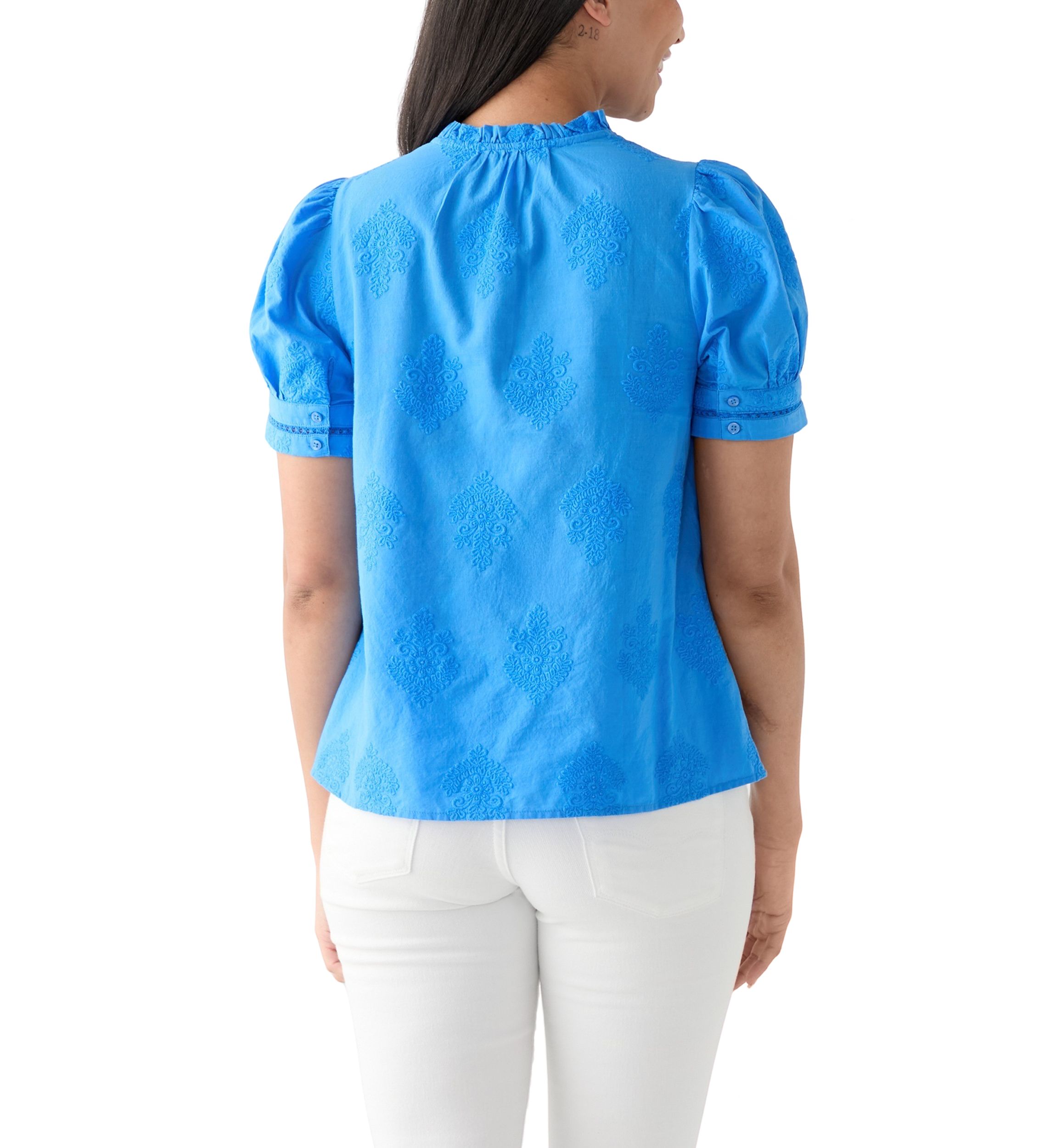 Womens Short Sleeve Embroidered Woven Top
