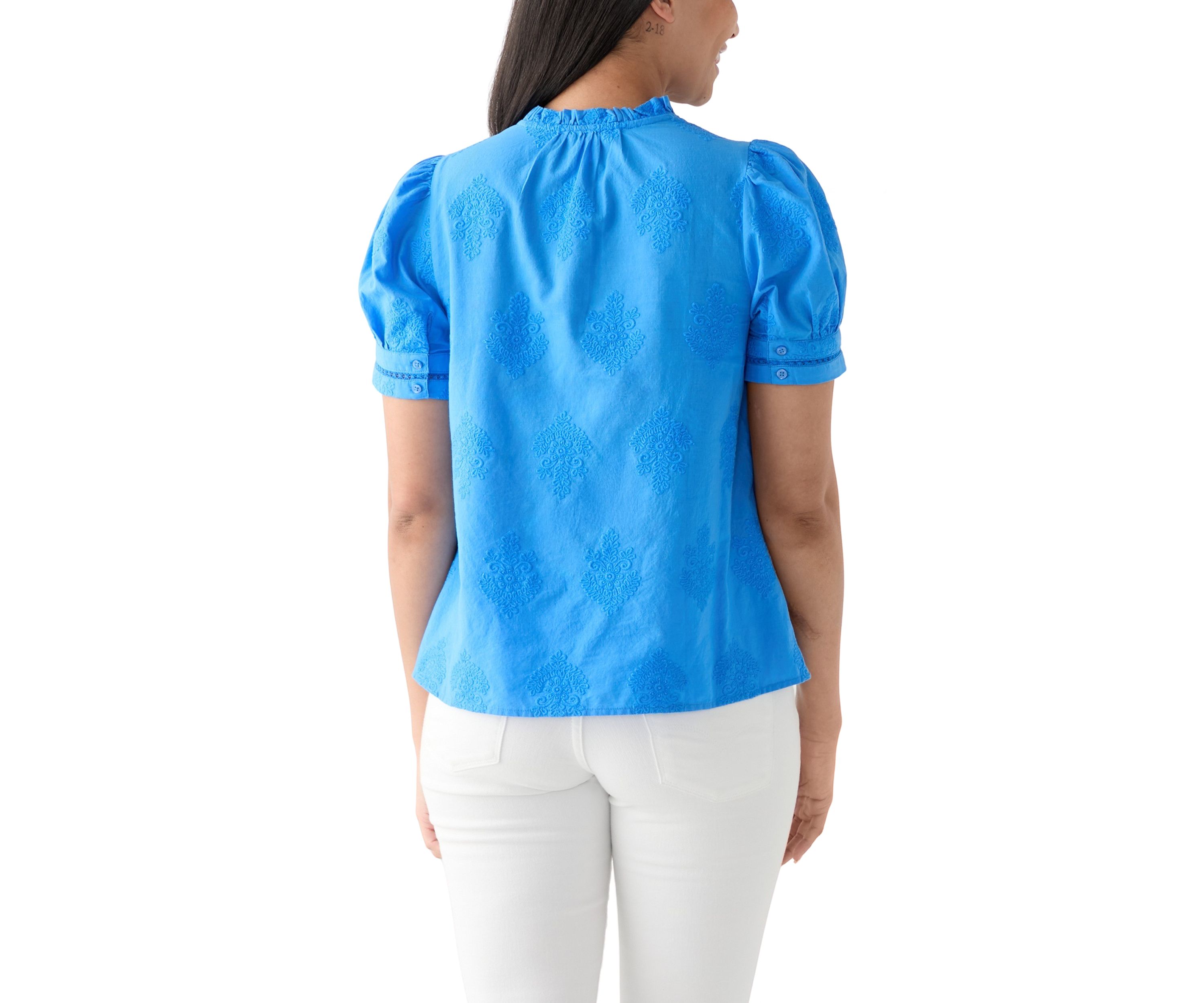 Womens Short Sleeve Embroidered Woven Top