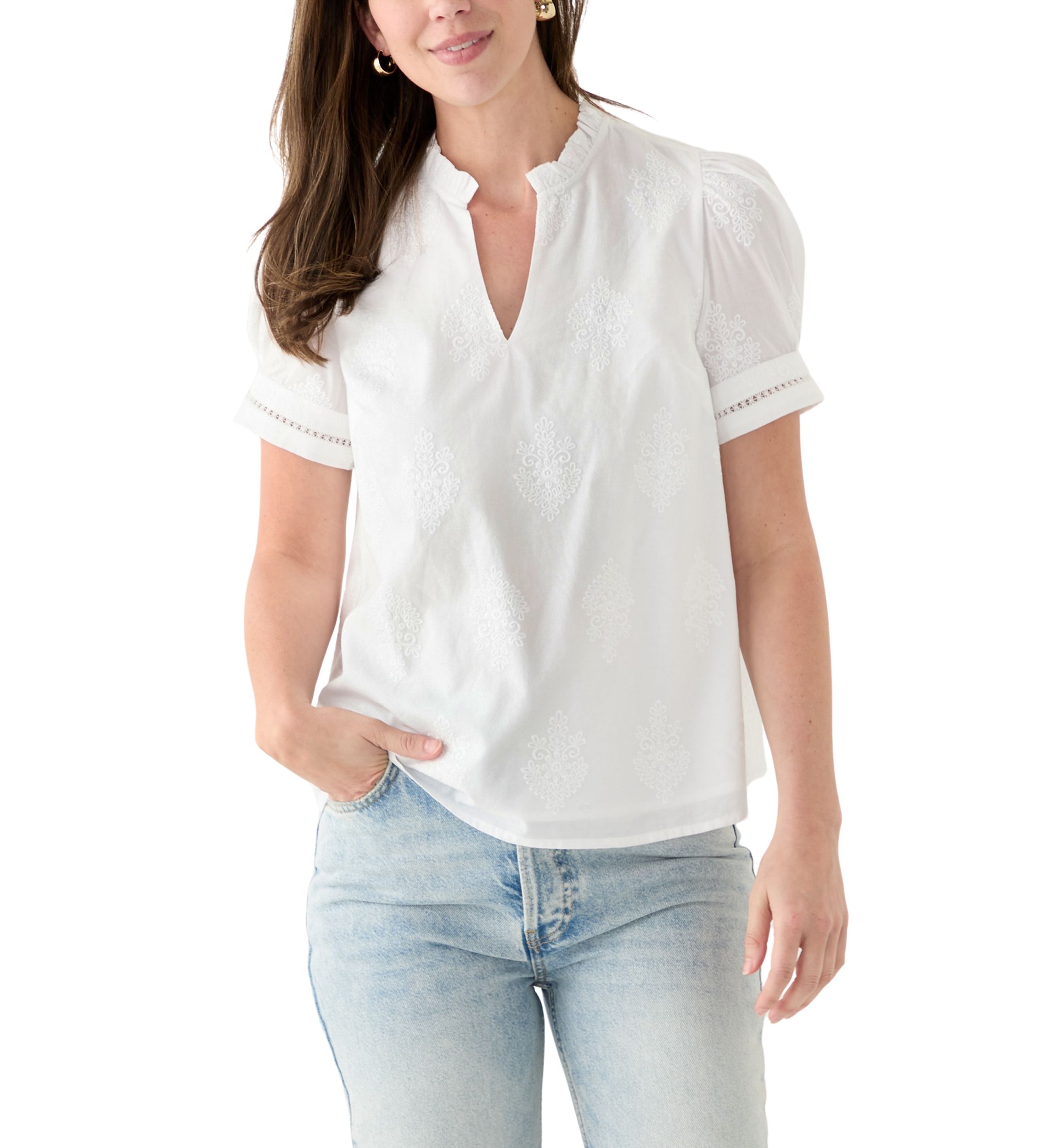 Womens Short Sleeve Embroidered Woven Top 