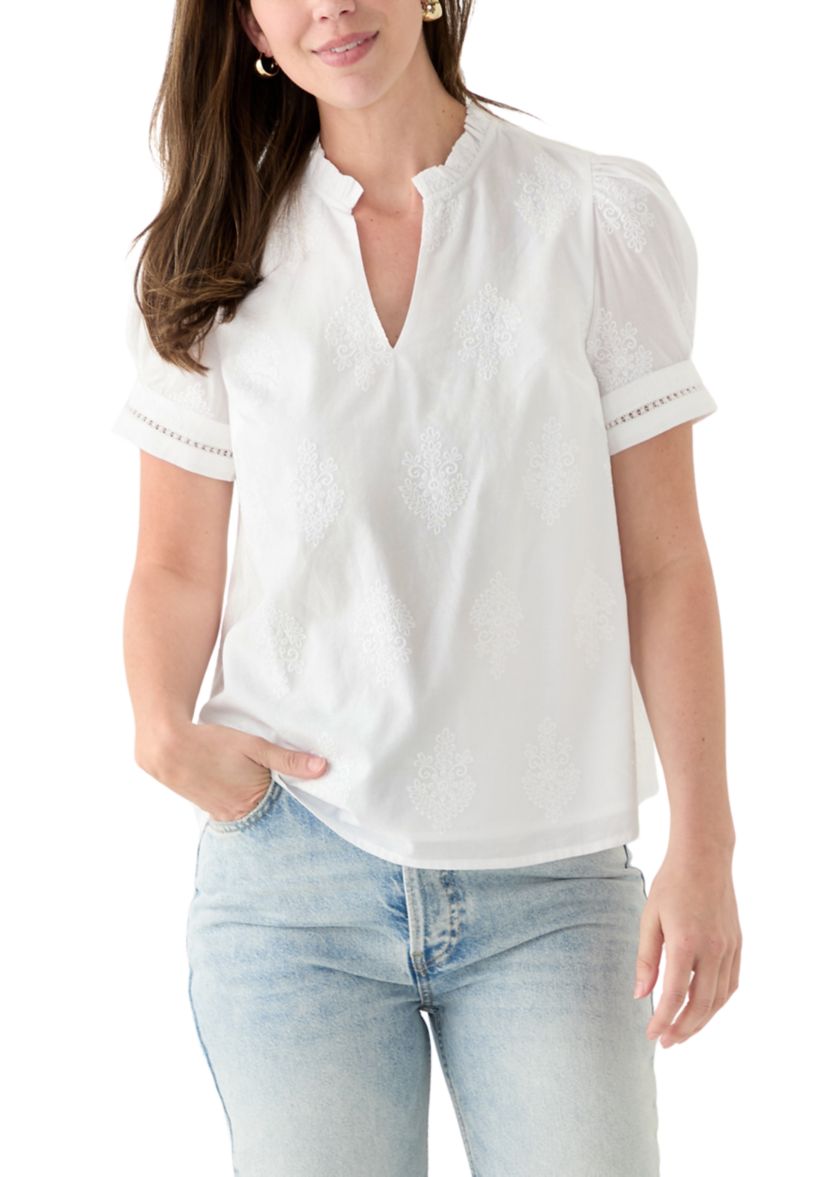 Womens Short Sleeve Embroidered Woven Top 