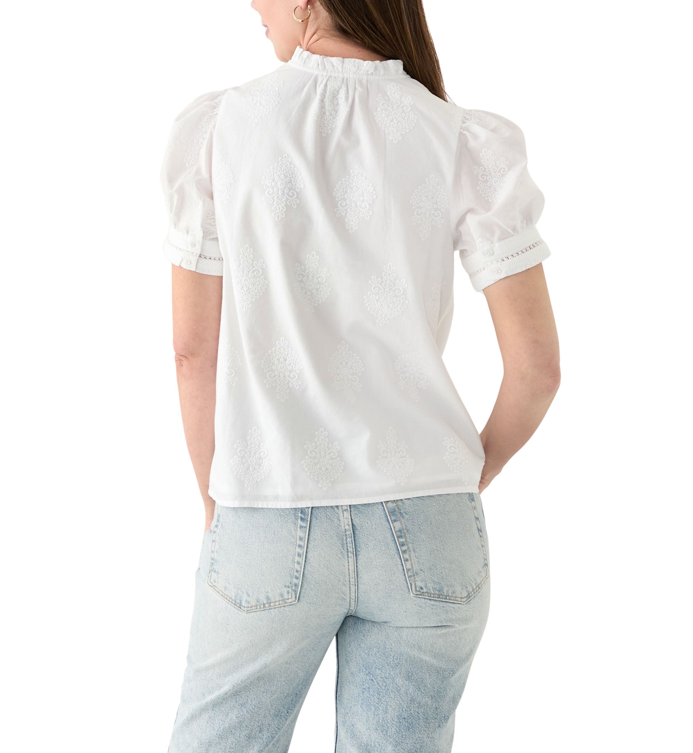 Womens Short Sleeve Embroidered Woven Top 