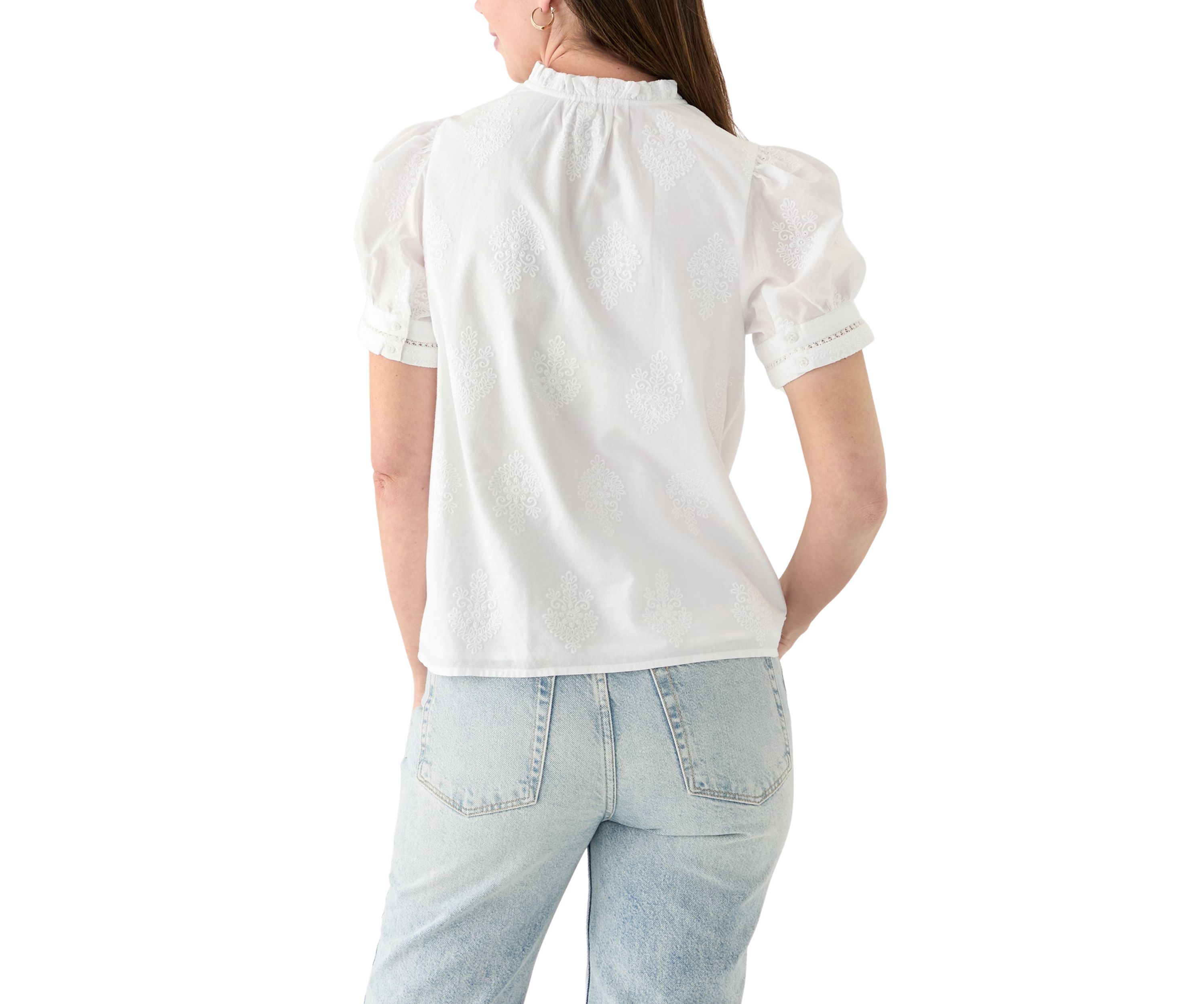 Womens Short Sleeve Embroidered Woven Top 
