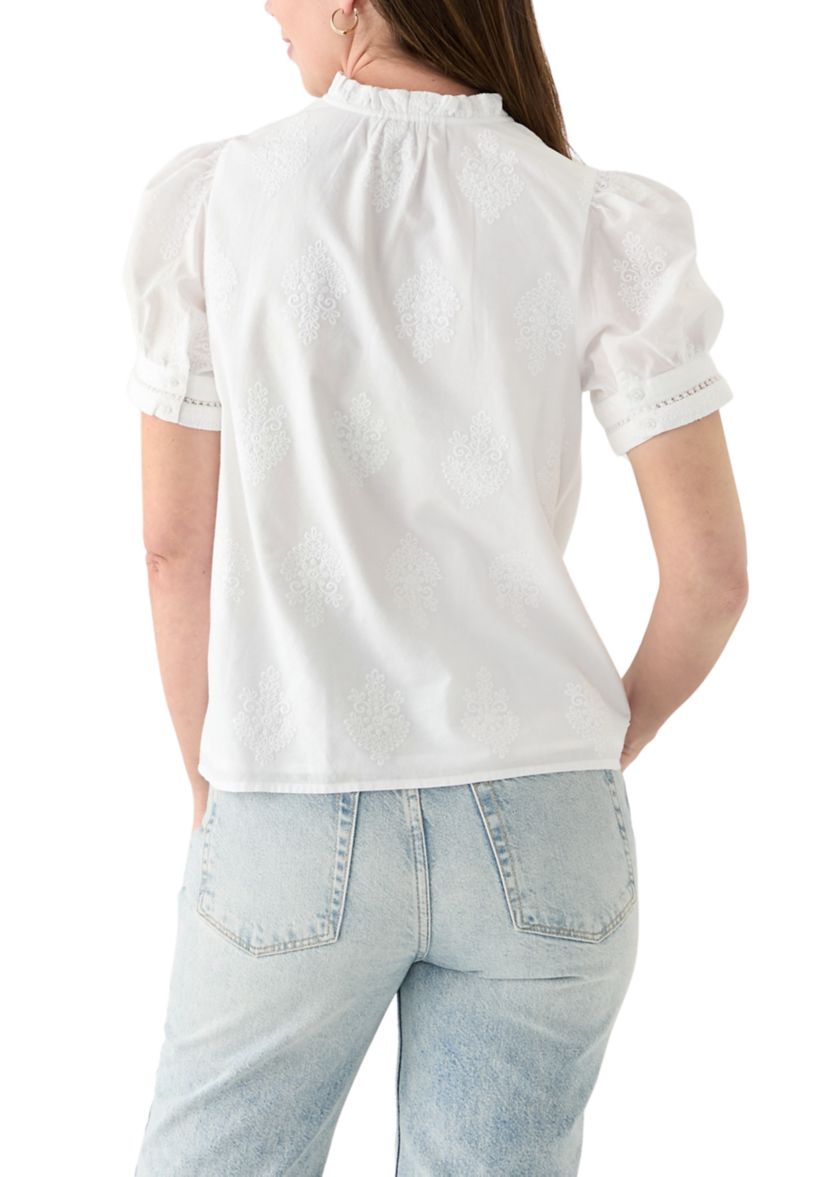 Womens Short Sleeve Embroidered Woven Top 