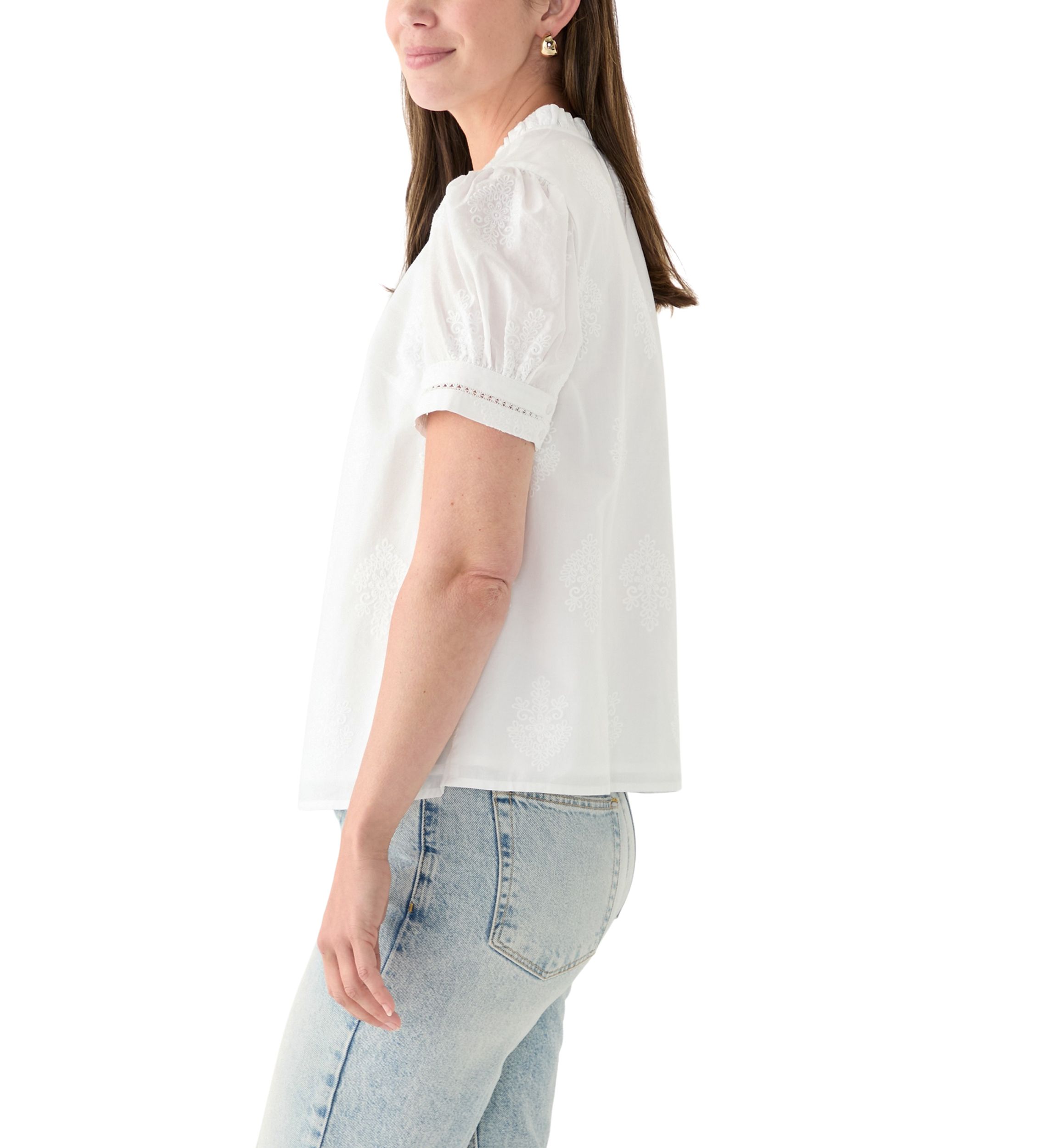 Womens Short Sleeve Embroidered Woven Top 