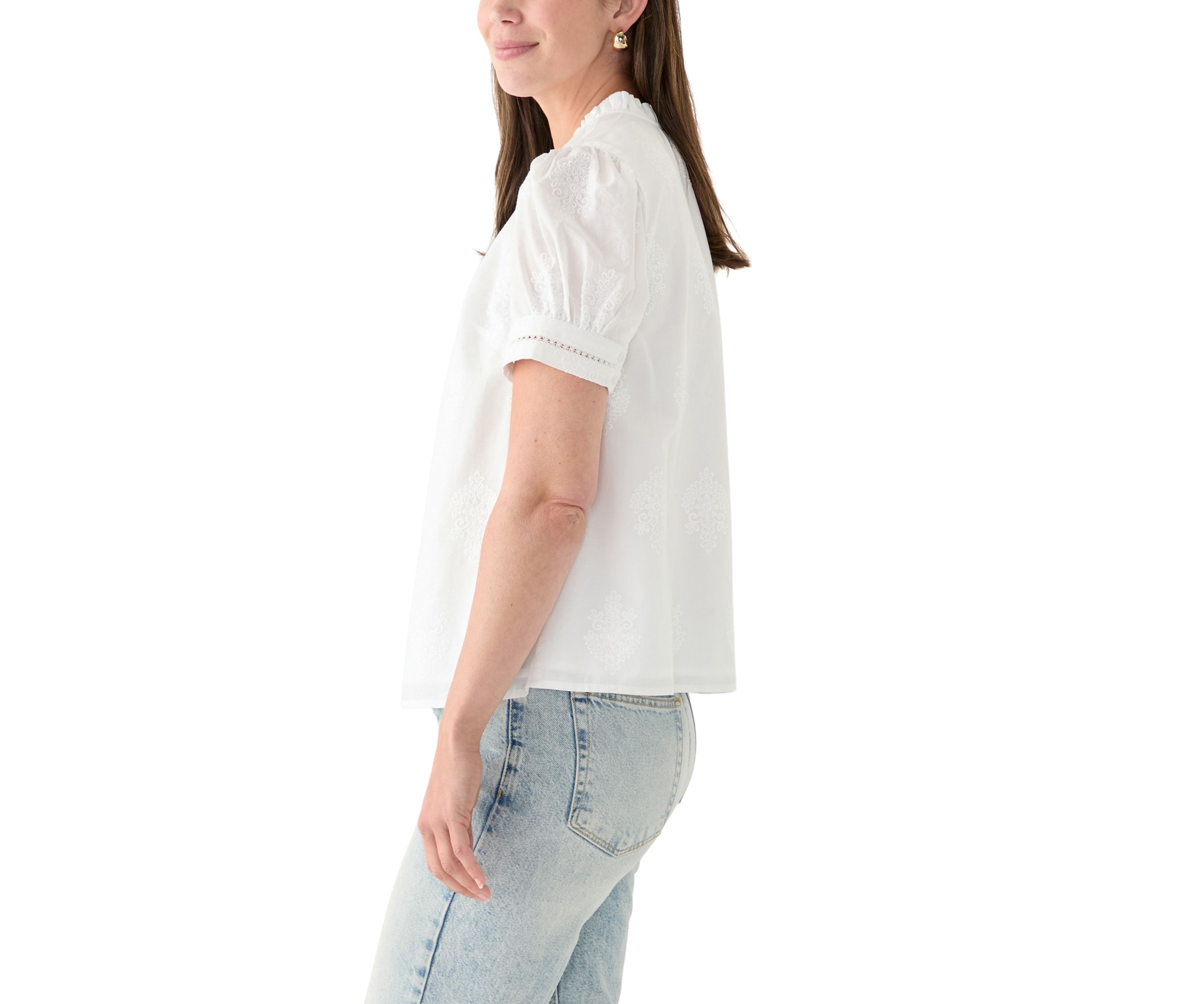 Womens Short Sleeve Embroidered Woven Top 