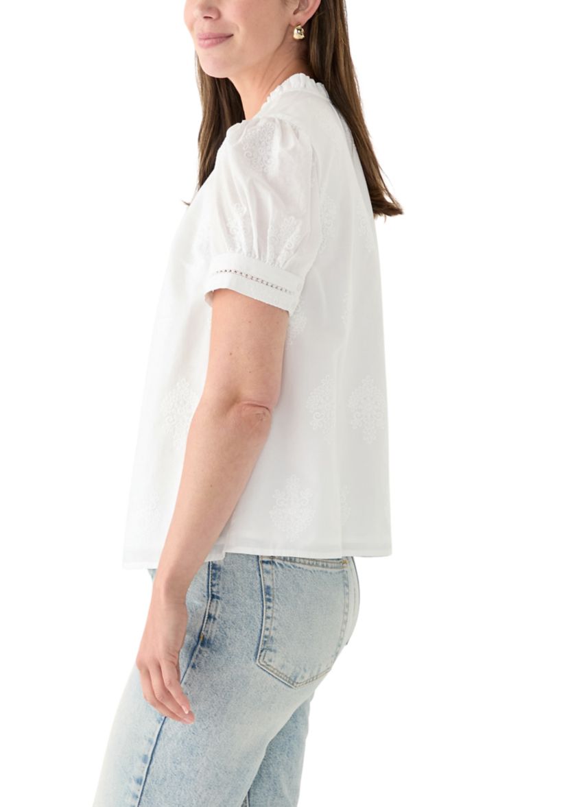 Womens Short Sleeve Embroidered Woven Top 