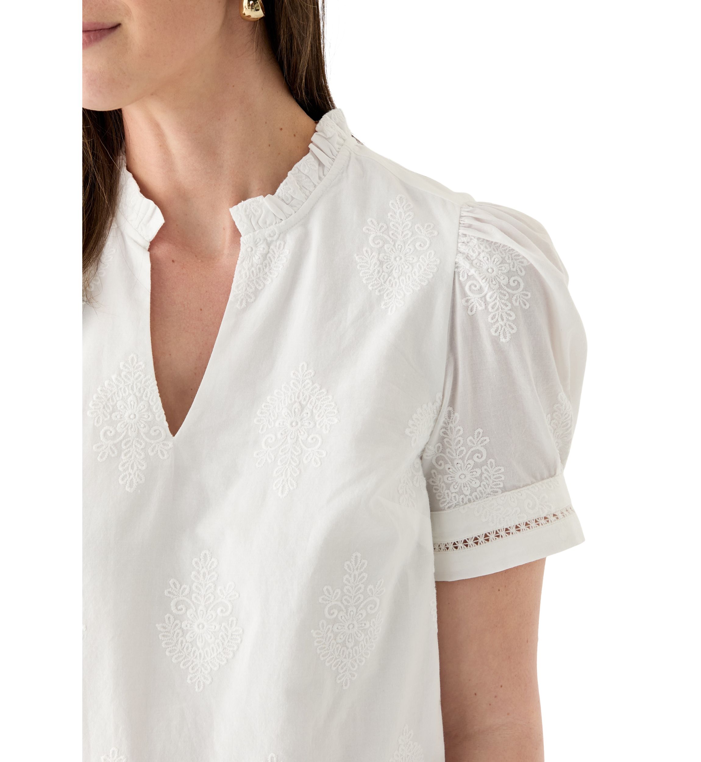 Womens Short Sleeve Embroidered Woven Top 