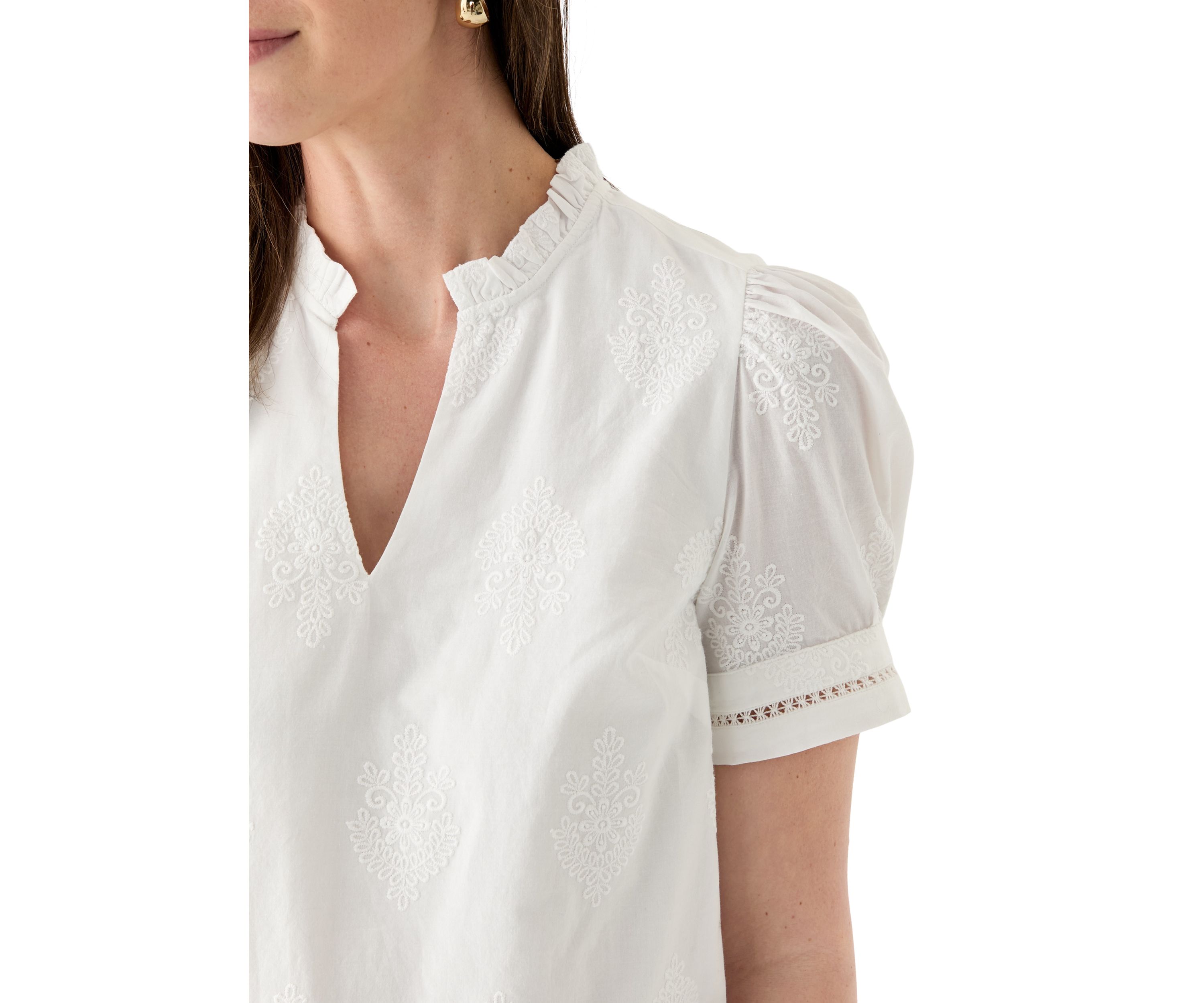 Womens Short Sleeve Embroidered Woven Top 