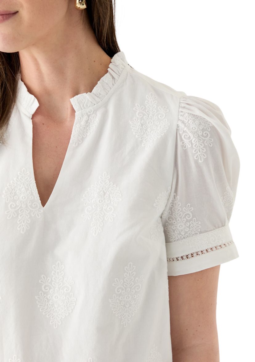 Womens Short Sleeve Embroidered Woven Top 