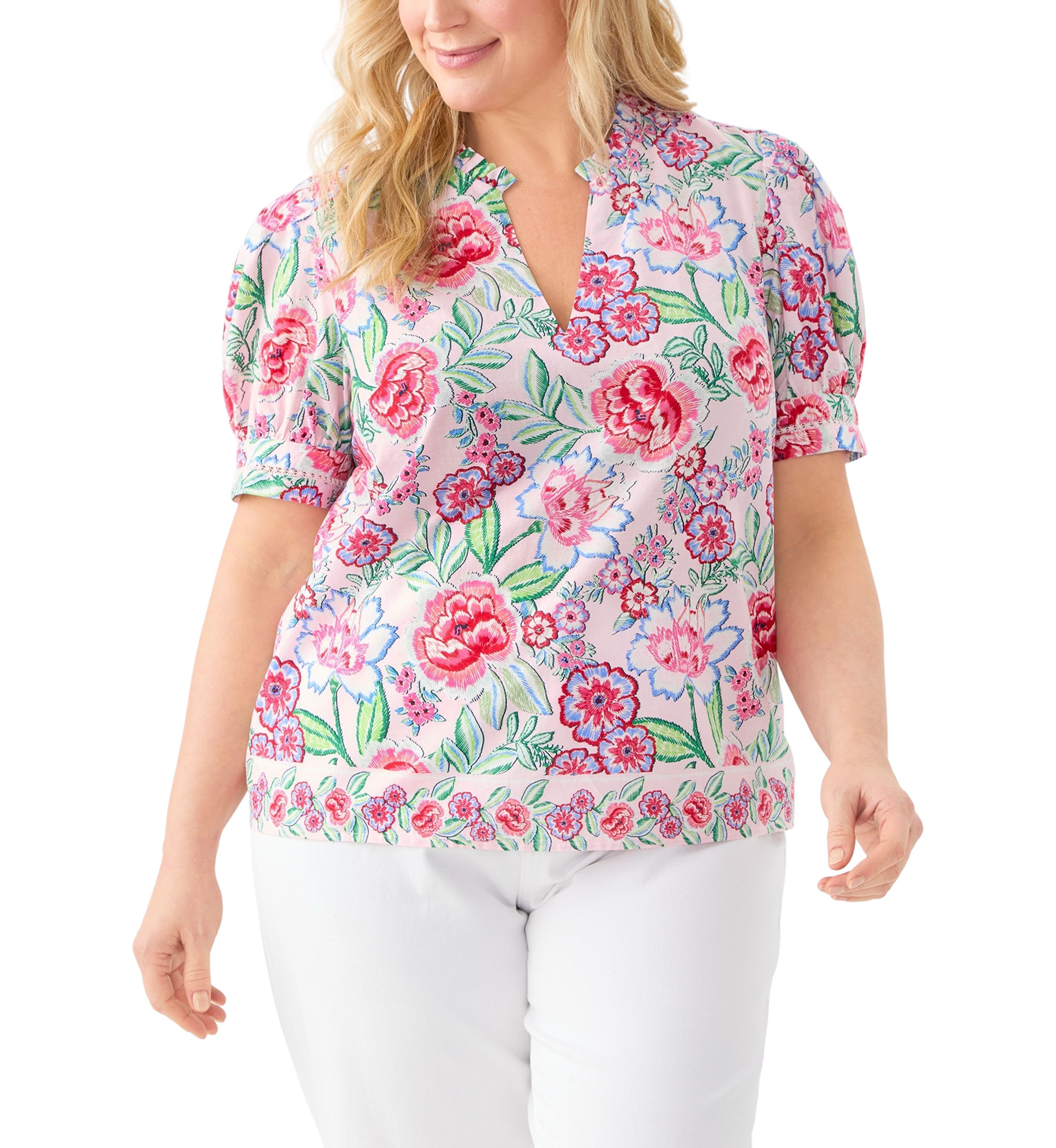 Plus Size Short Sleeve Printed Woven Top