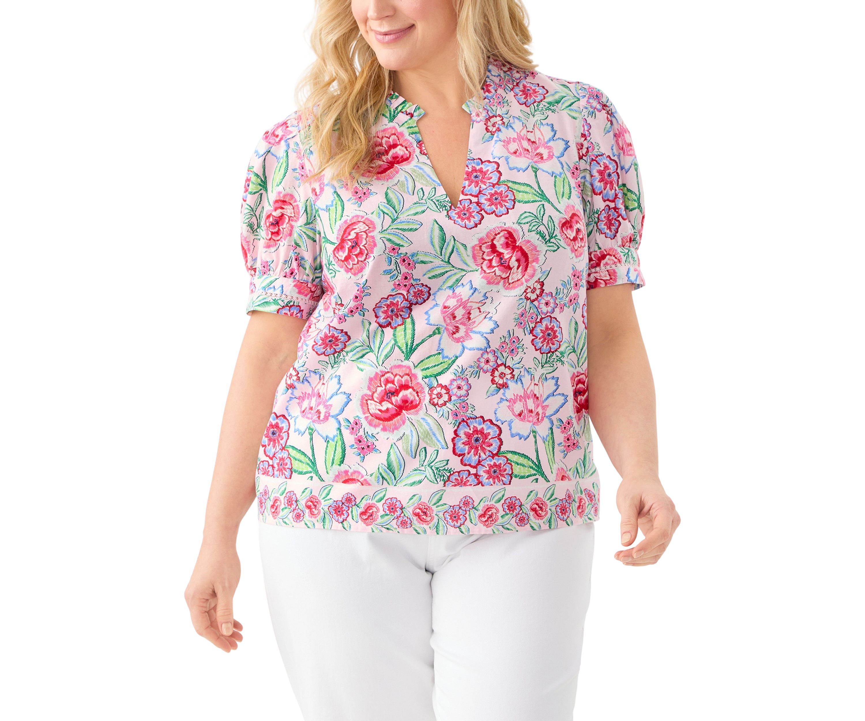 Plus Size Short Sleeve Printed Woven Top