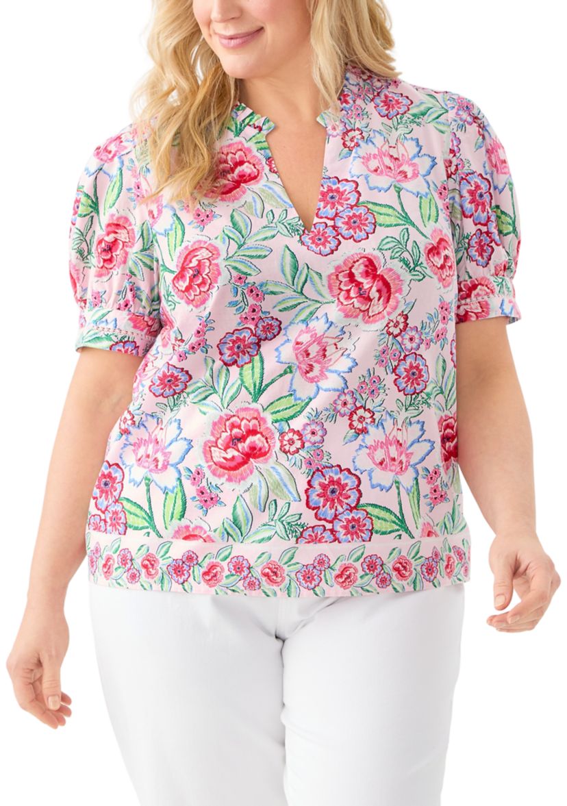 Plus Size Short Sleeve Printed Woven Top