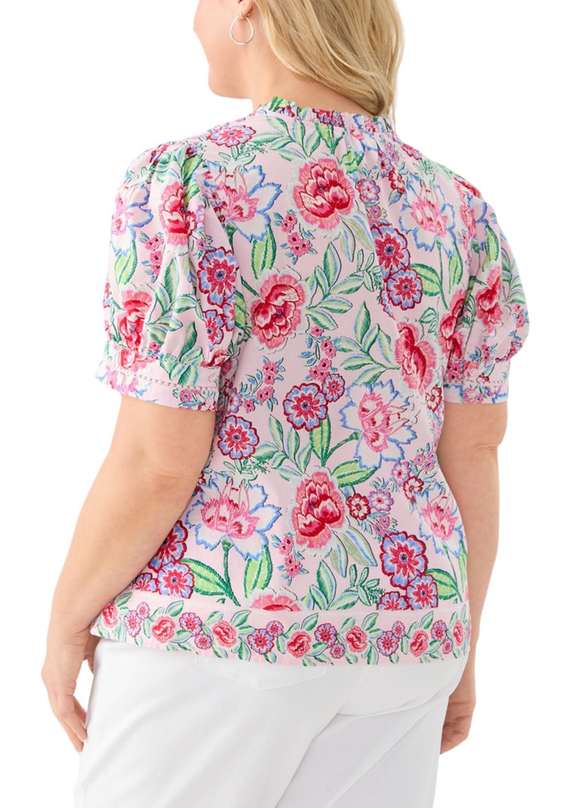 Plus Size Short Sleeve Printed Woven Top