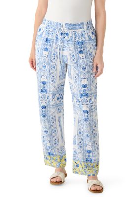 SOHO APPAREL Women's Wide Leg Pull On Border Scarf Printed Pants, XL