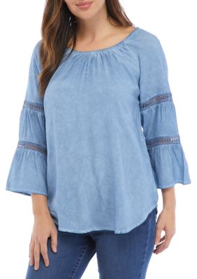 Babyhug Denim Woven Full Bell Sleeves Top with Floral Embroidery - Blue main image 0