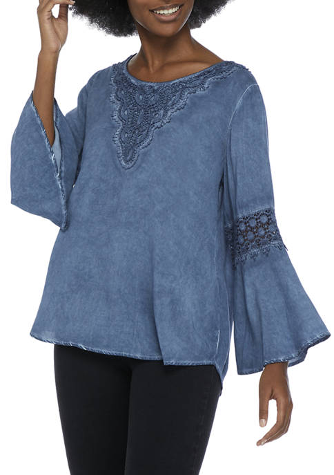 Womens Bell Sleeve Embroidered Oil Washed Top