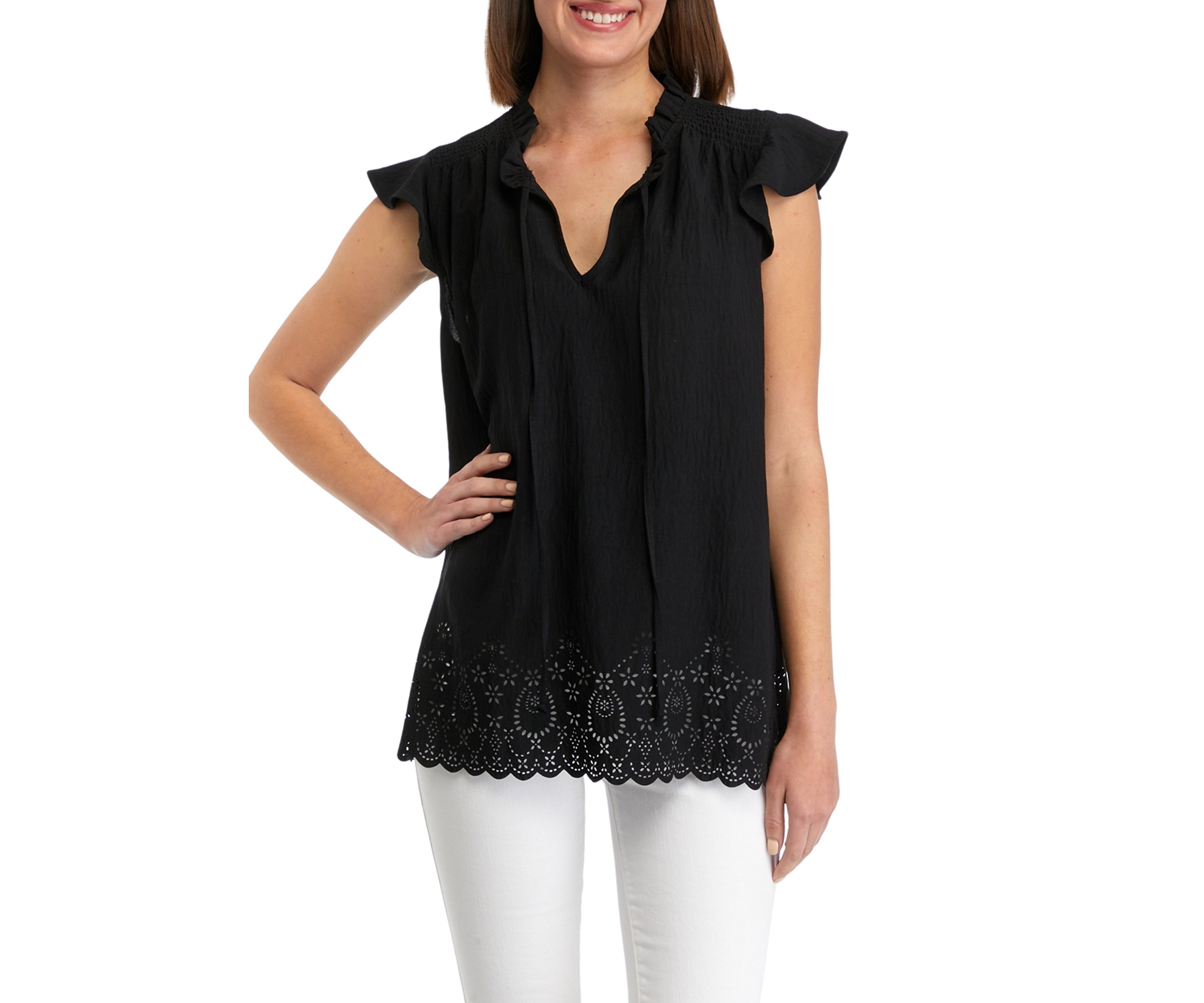 Womens Flutter Sleeve Laser Eyelet Blouse