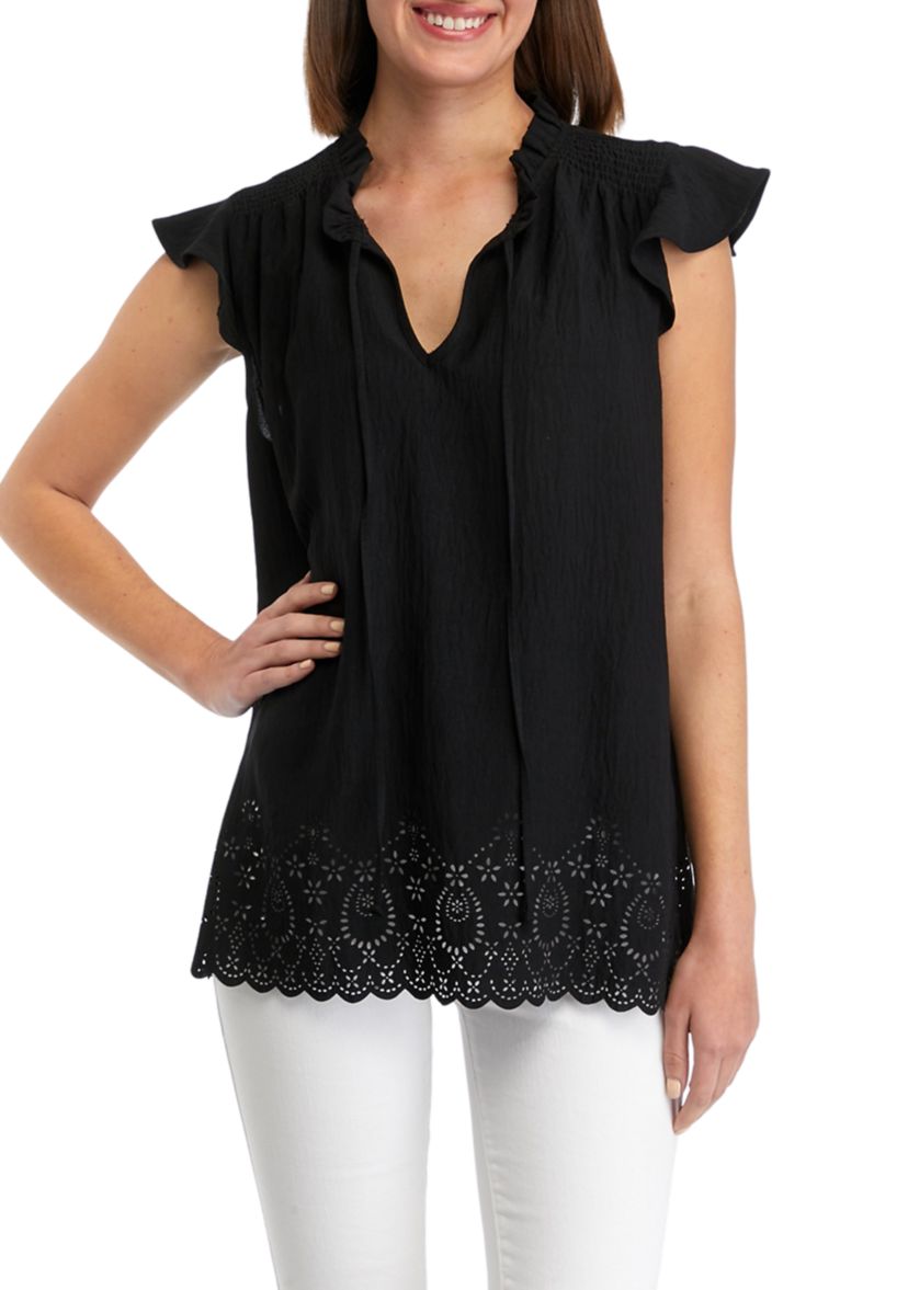 Womens Flutter Sleeve Laser Eyelet Blouse