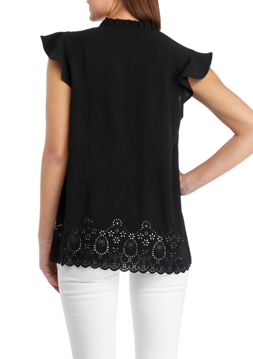 Womens Flutter Sleeve Laser Eyelet Blouse
