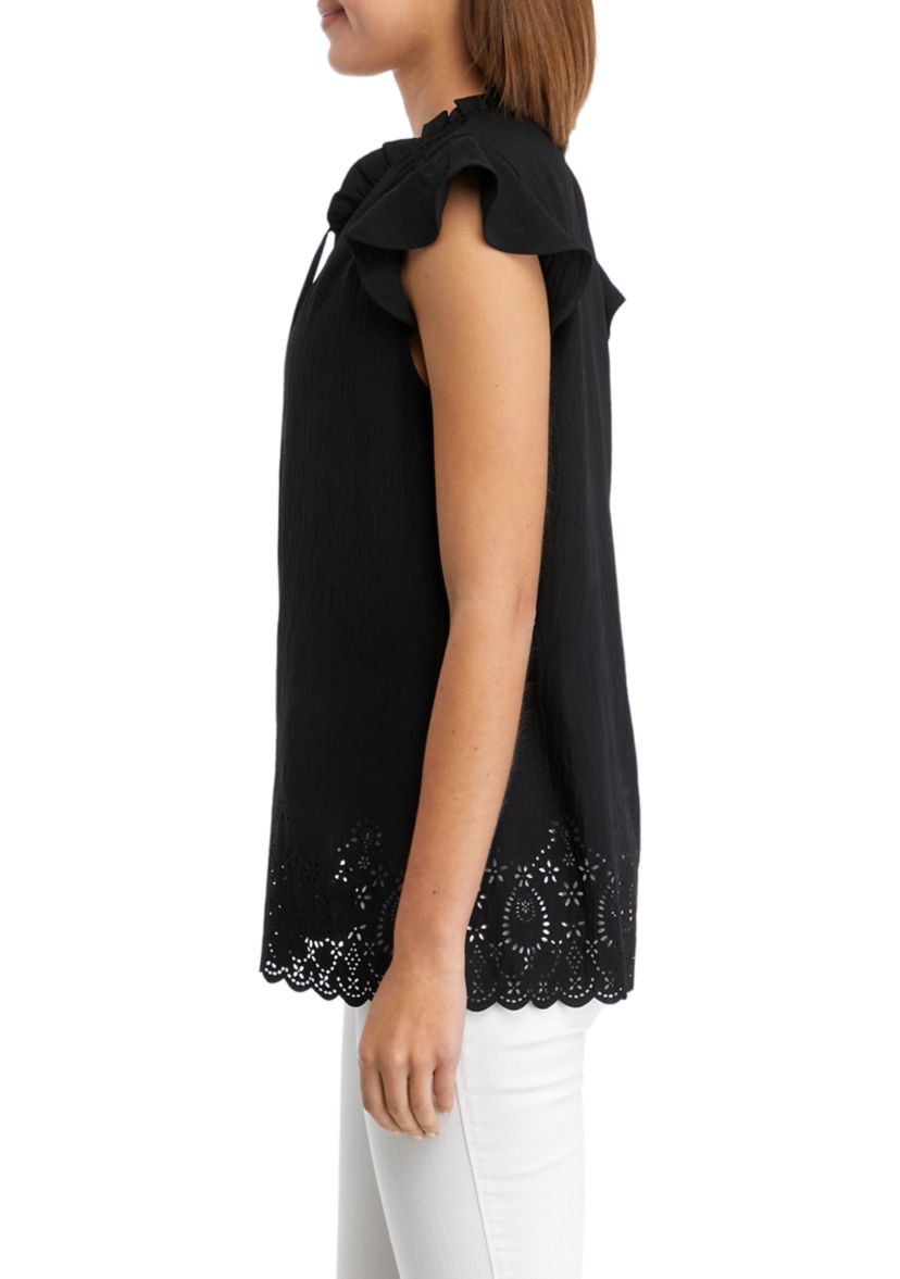 Womens Flutter Sleeve Laser Eyelet Blouse