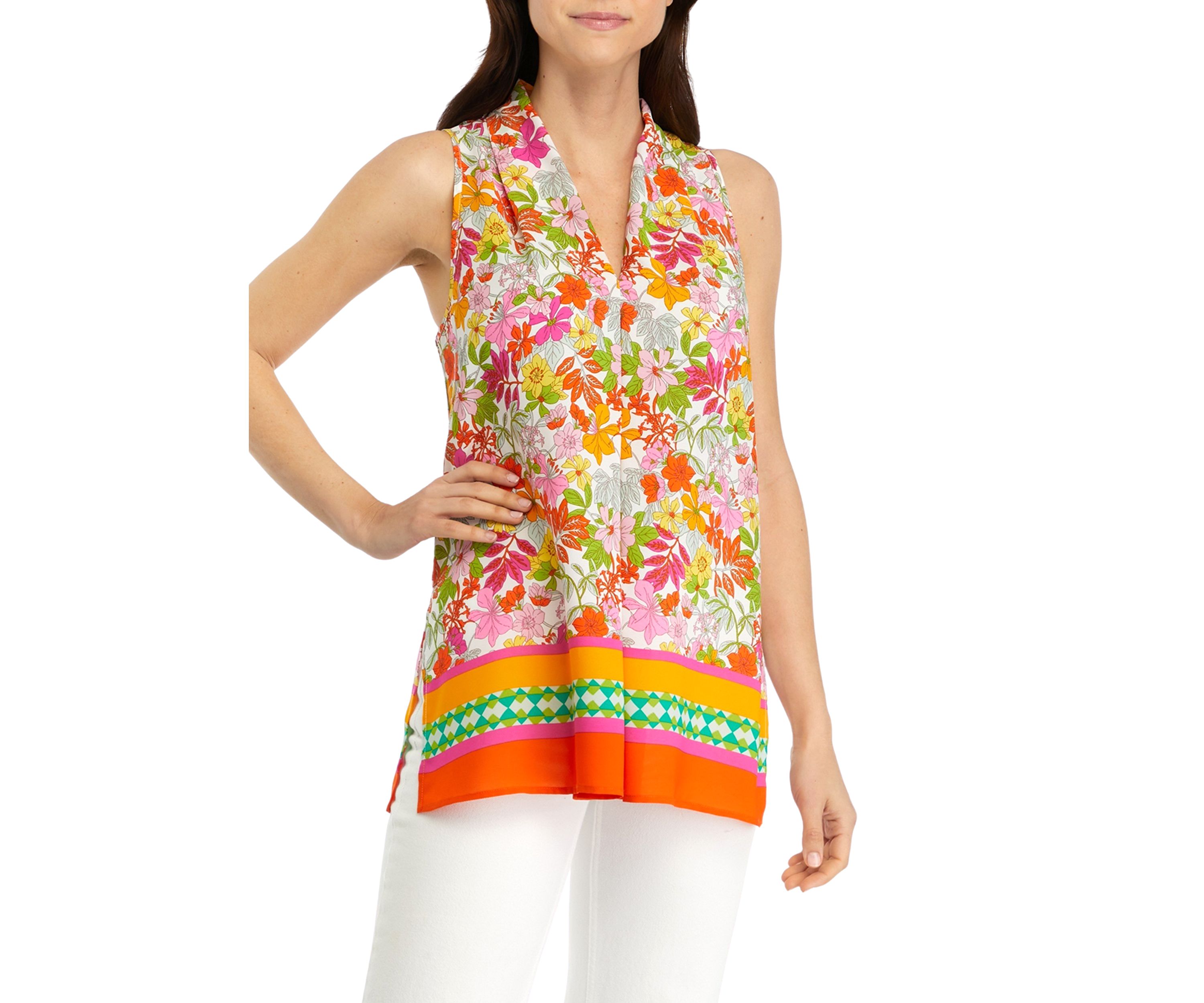 Womens Sleeveless Printed Pleated Front Blouse
