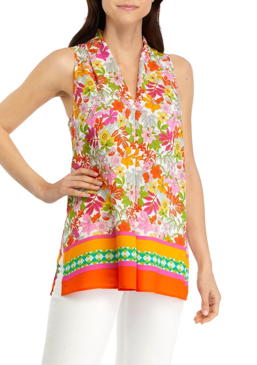Womens Sleeveless Printed Pleated Front Blouse